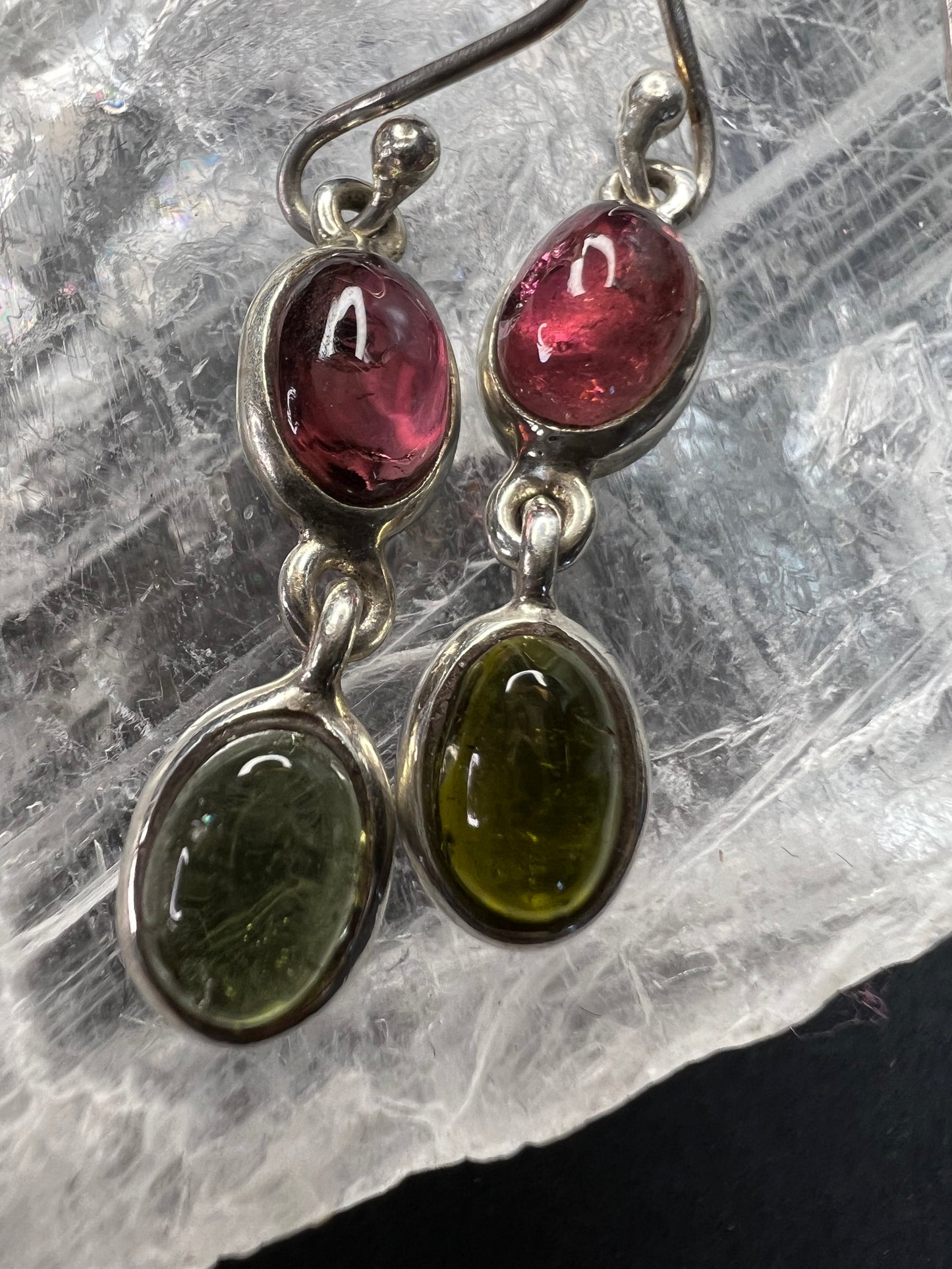 Vintage Sterling Silver Pink & Green Tourmaline Dangle Earrings Nature Company