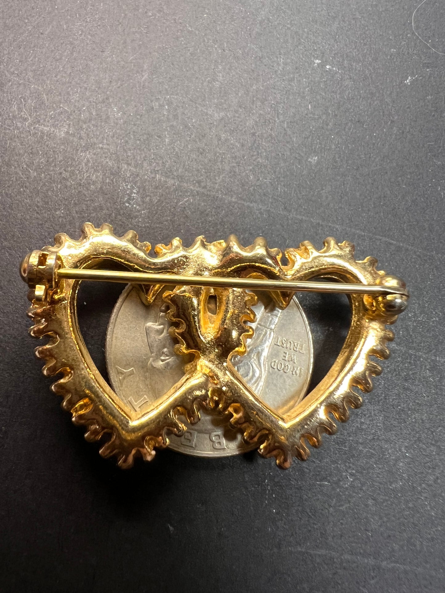 Vintage Gold Tone Double Heart Green Clear Rhinestone Brooch