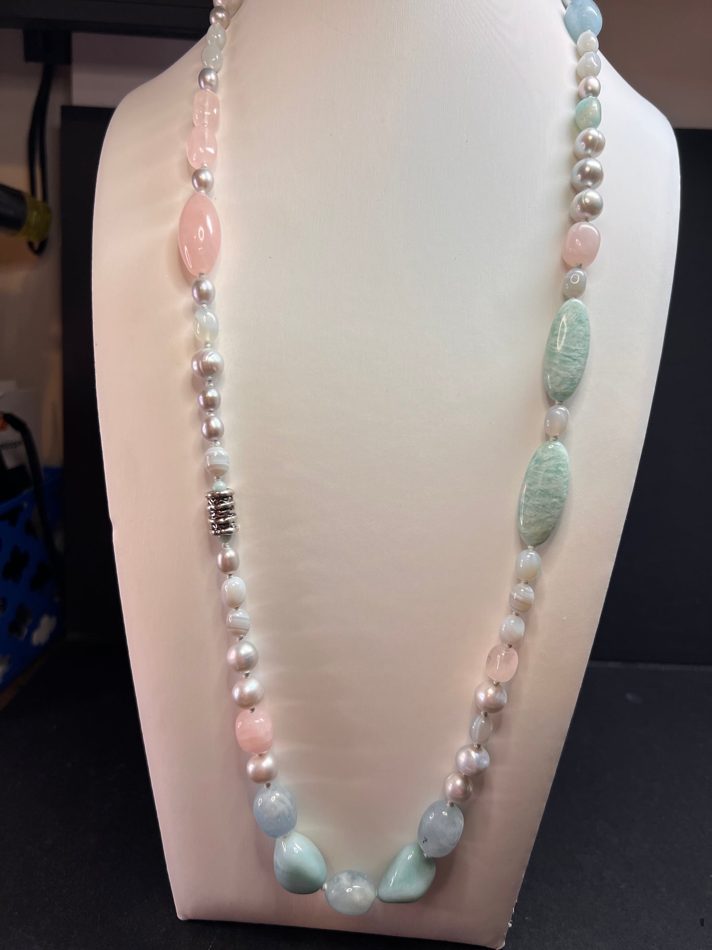 NEW amazonite , pearl multi stone sterling silver 30 inch necklace