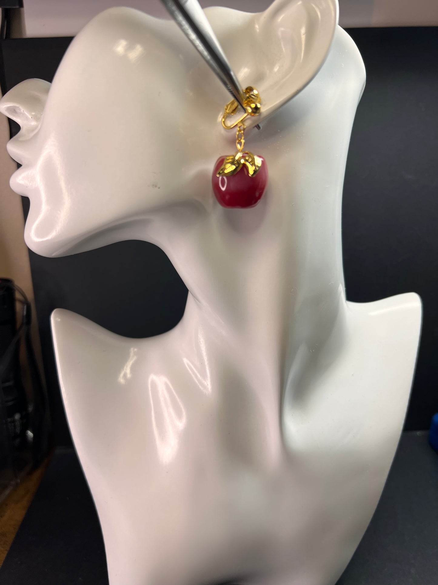 Avon "Apple A Day" Vintage Clip Earrings | Red Lucite Dangle Costume Jewelry