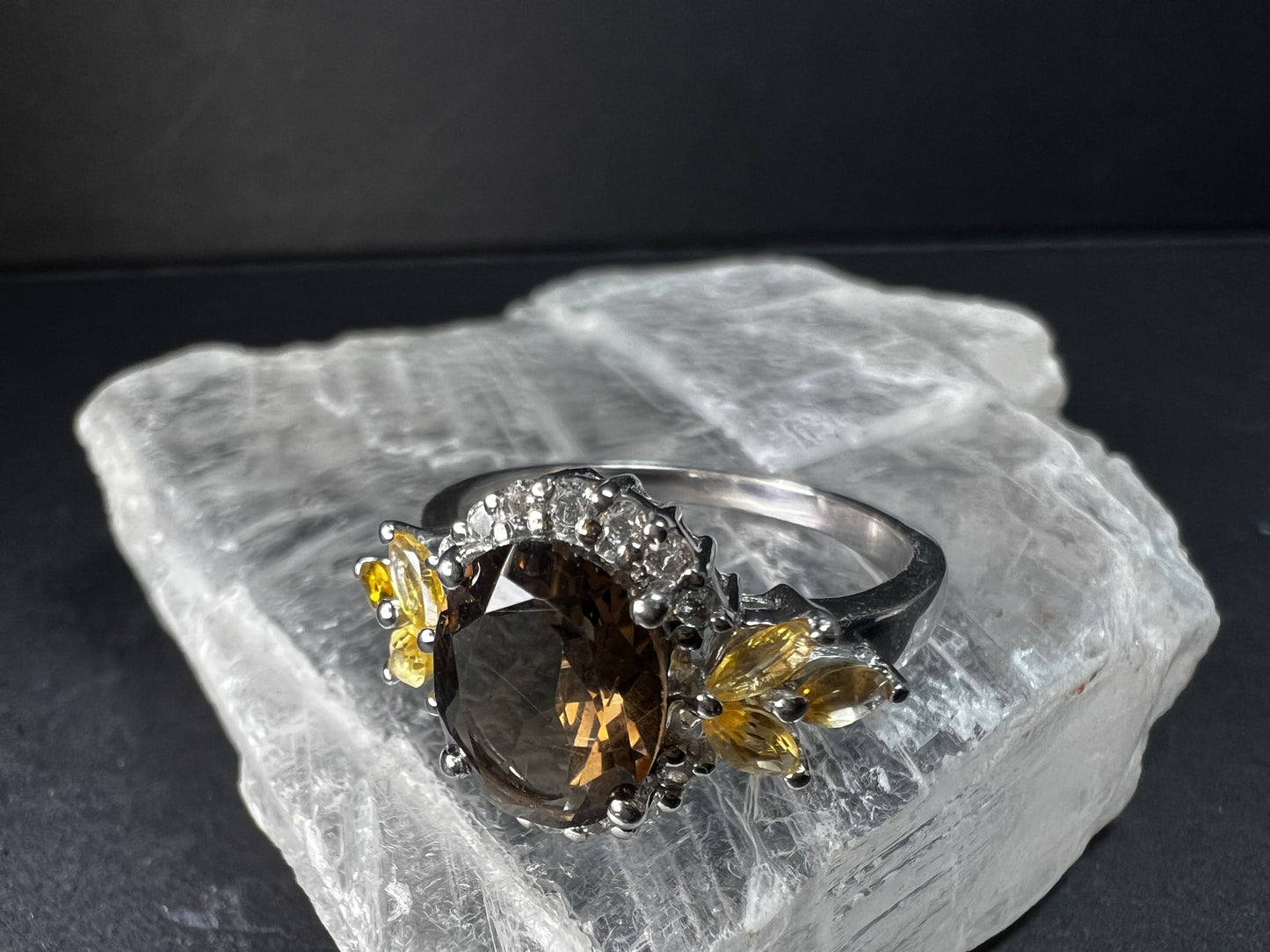 Smoky Quartz Citrine White Topaz Sterling Silver Ring Size 9 Estate