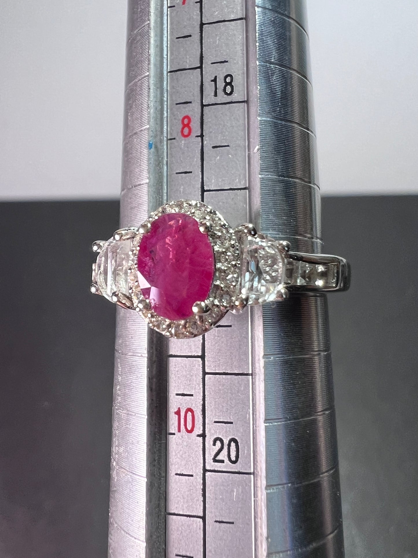 Ruby and white topaz sterling halo ring size 9