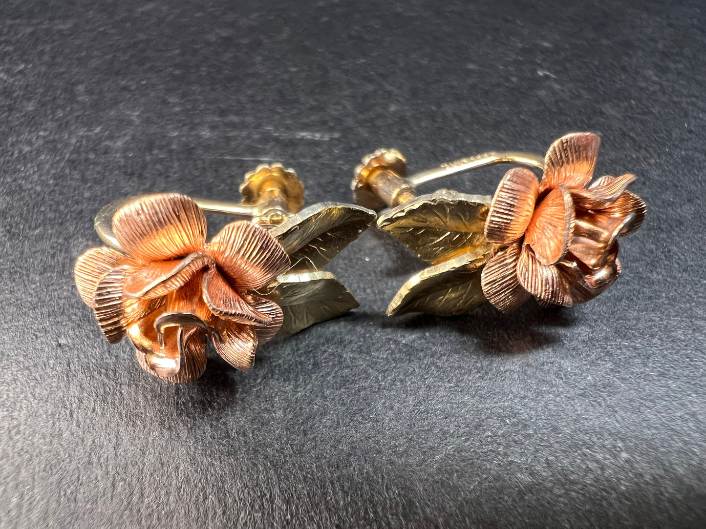 Vintage Krementz Rose and yellow gold tone Flower Leaf Screw Back Earrings
