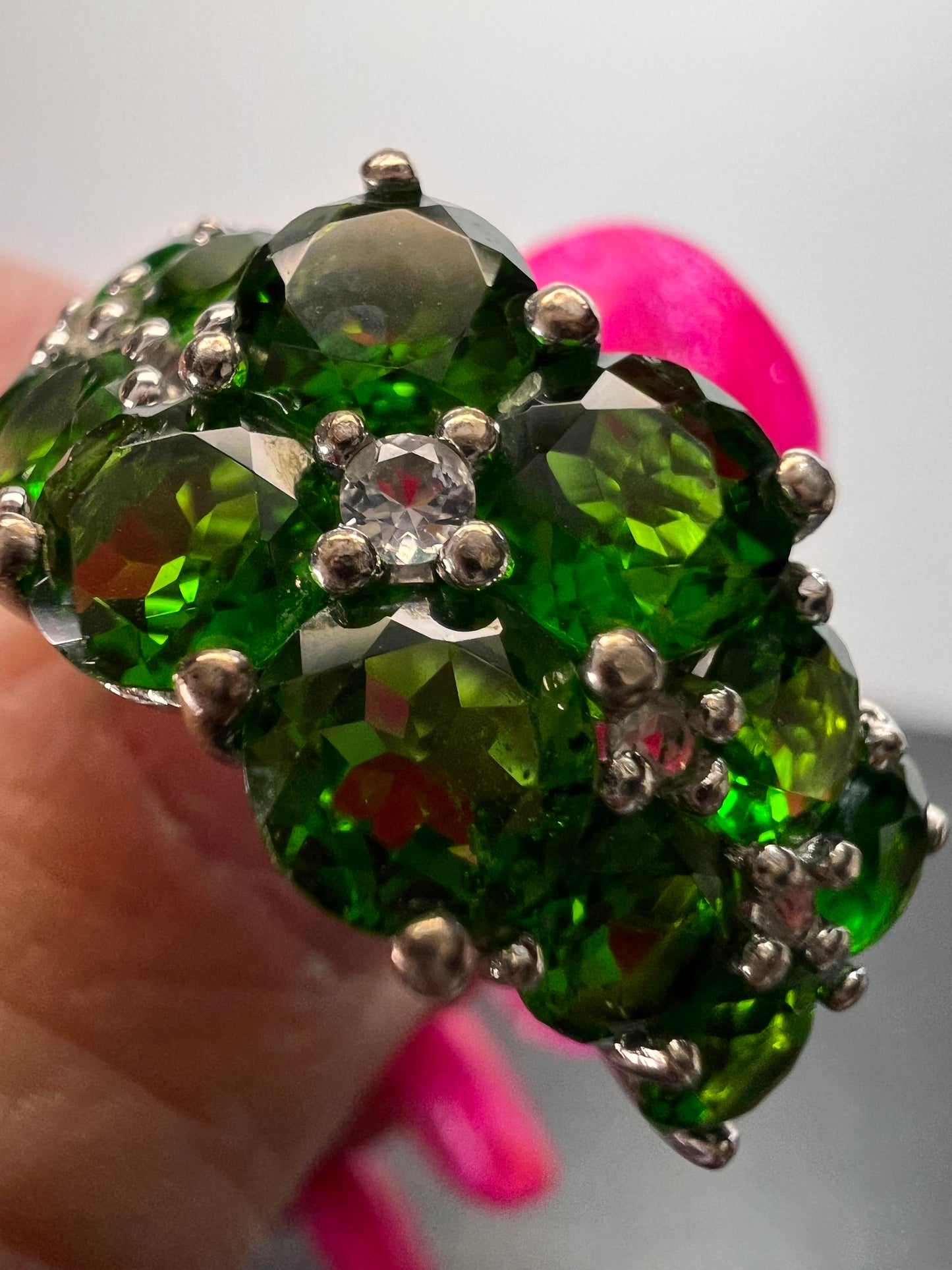 Chrome diopside and white topaz ring in rhodium over sterling silver size 8