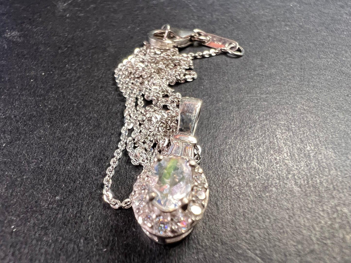 NEW gemmy moonstone and moissanite halo pendant in rhodium over sterling silver