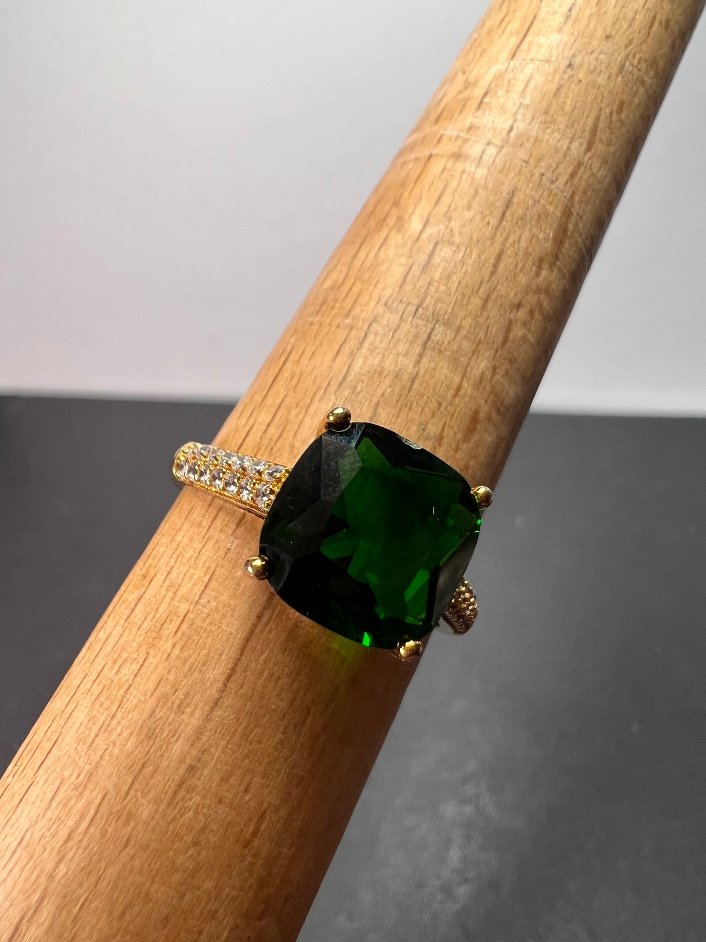 Green cushion cut CZ ring in gold over sterling silver size 9