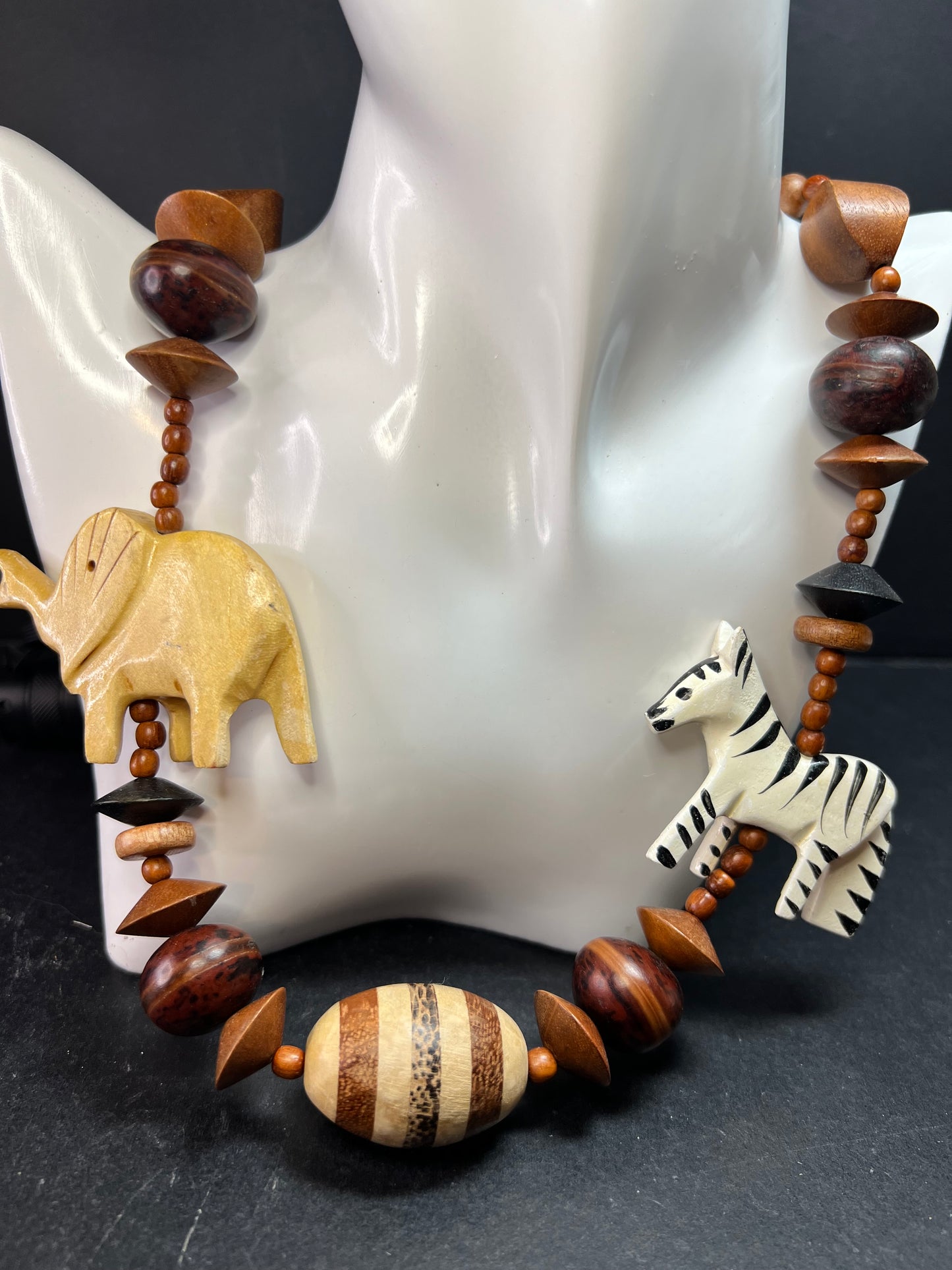 Vintage Carved Animal Wood Bead Statement Necklace 30”