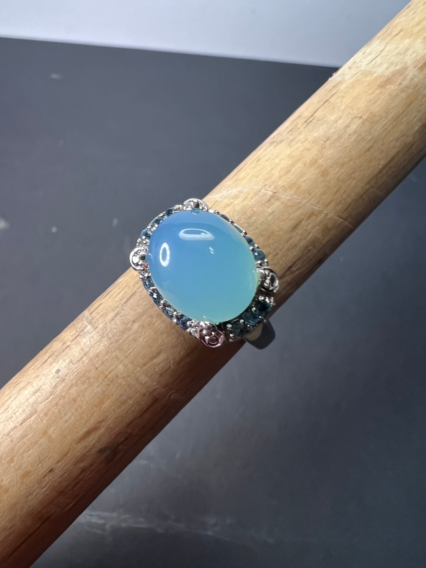 Aqua blue chalcedony blue topaz sterling silver halo ring size 7