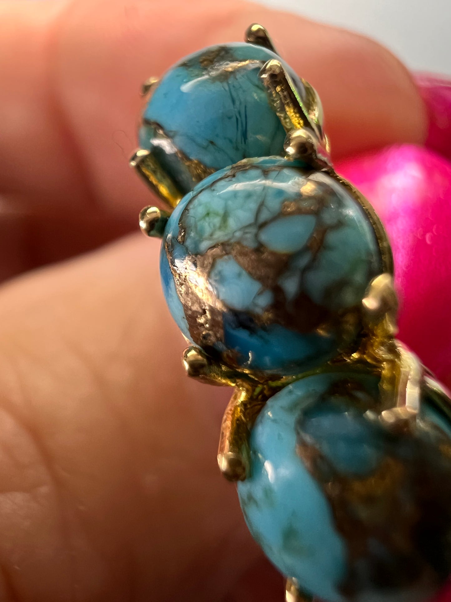 Blue composite turquoise trilogy ring in gold over sterling silver size 9