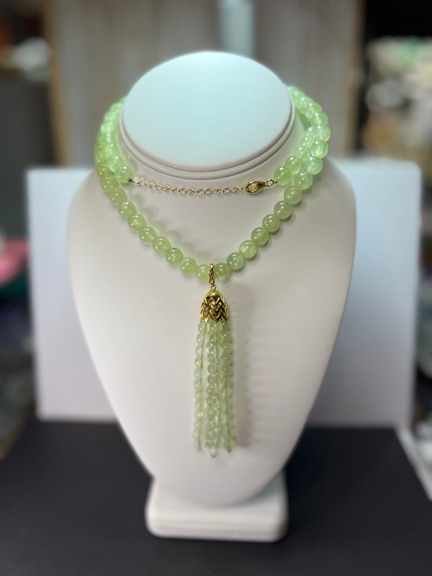 Prehnite beaded 24 inch necklace with removable tassel pendant and gold over sterling silver lobster clasp and extender