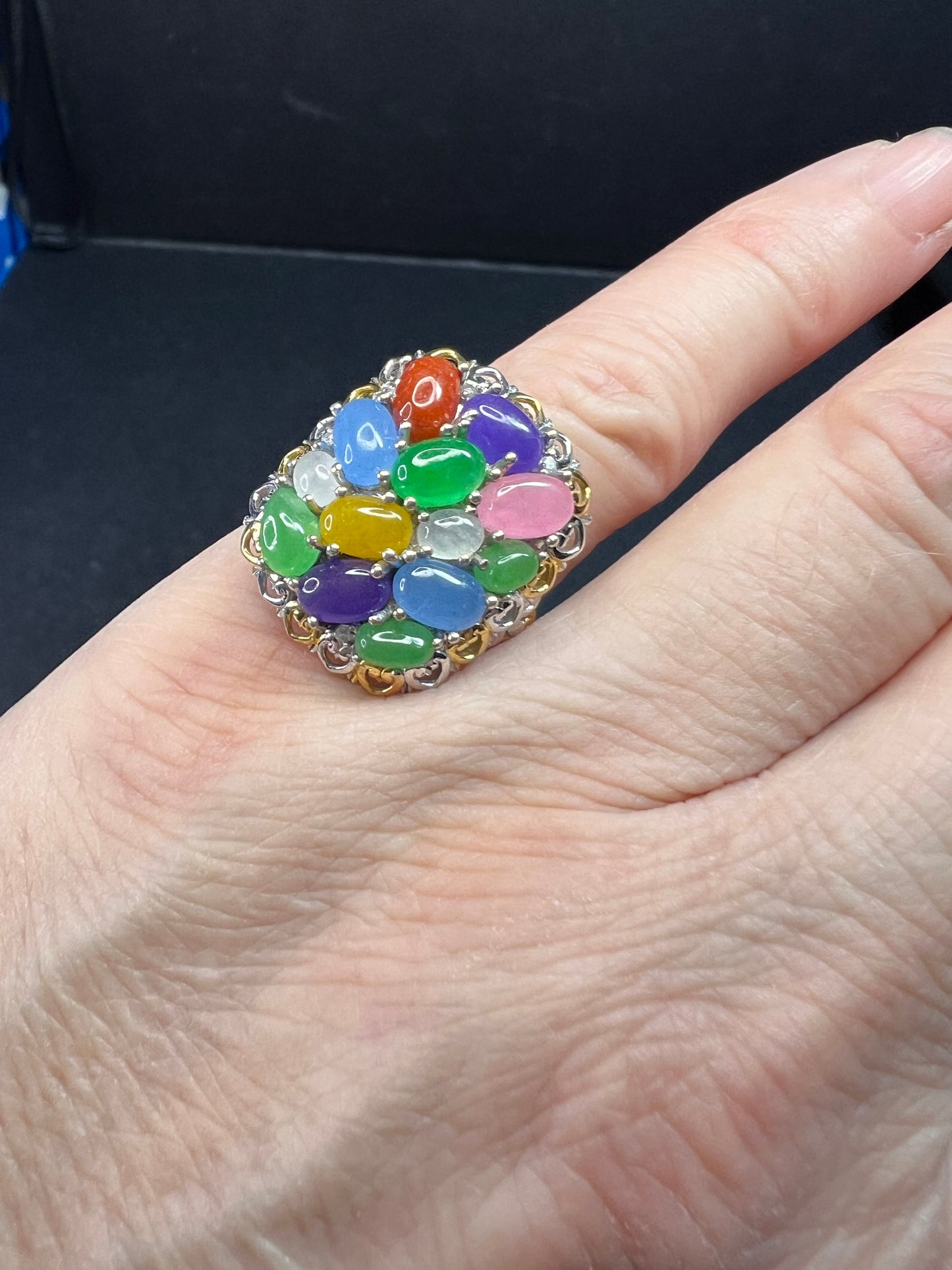 NEW rainbow harmony jade ring in vermeil and rhodium over sterling silver size 5