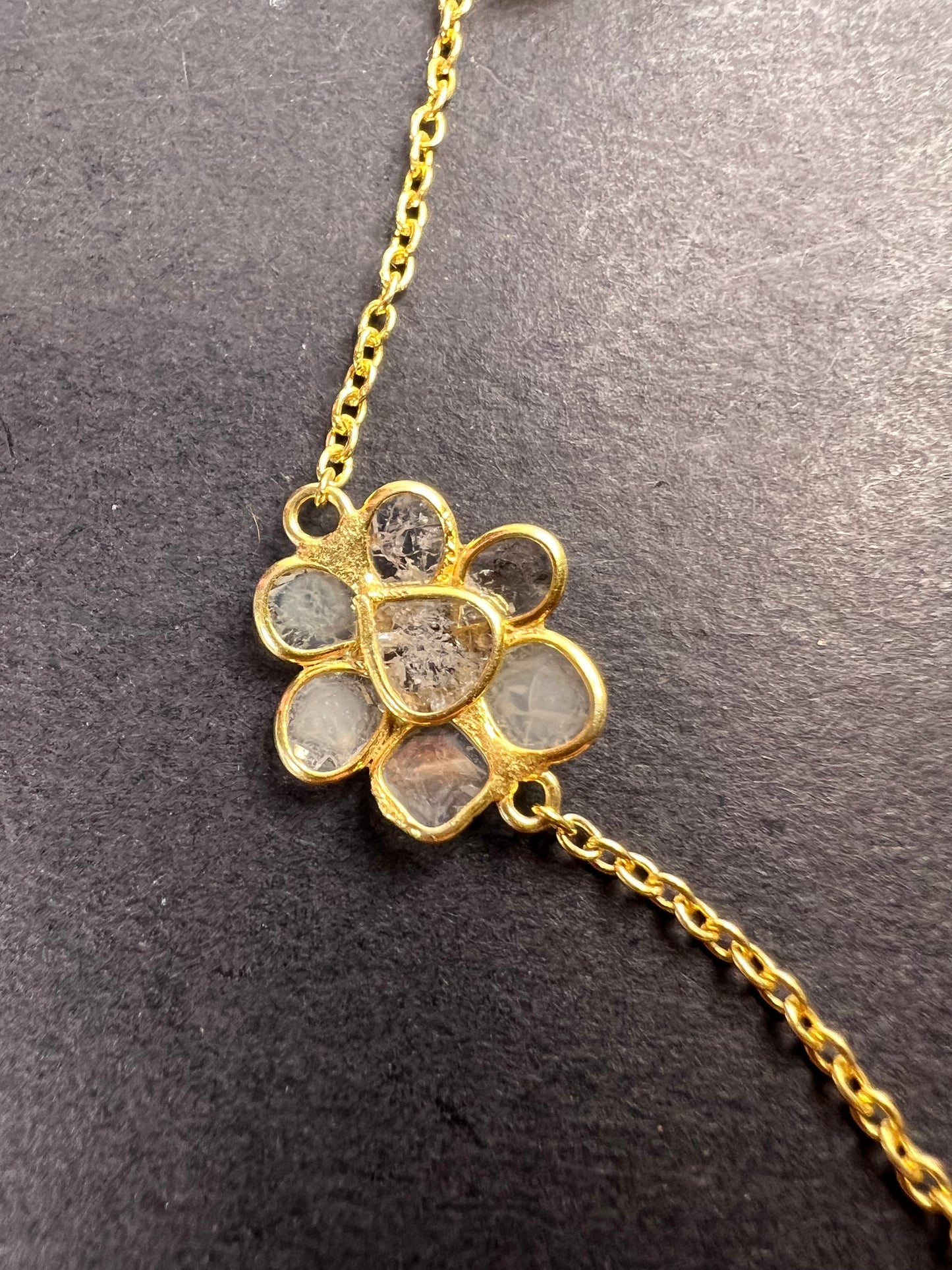 Polki diamond flowers station necklace in vermeil yellow gold over sterling silver