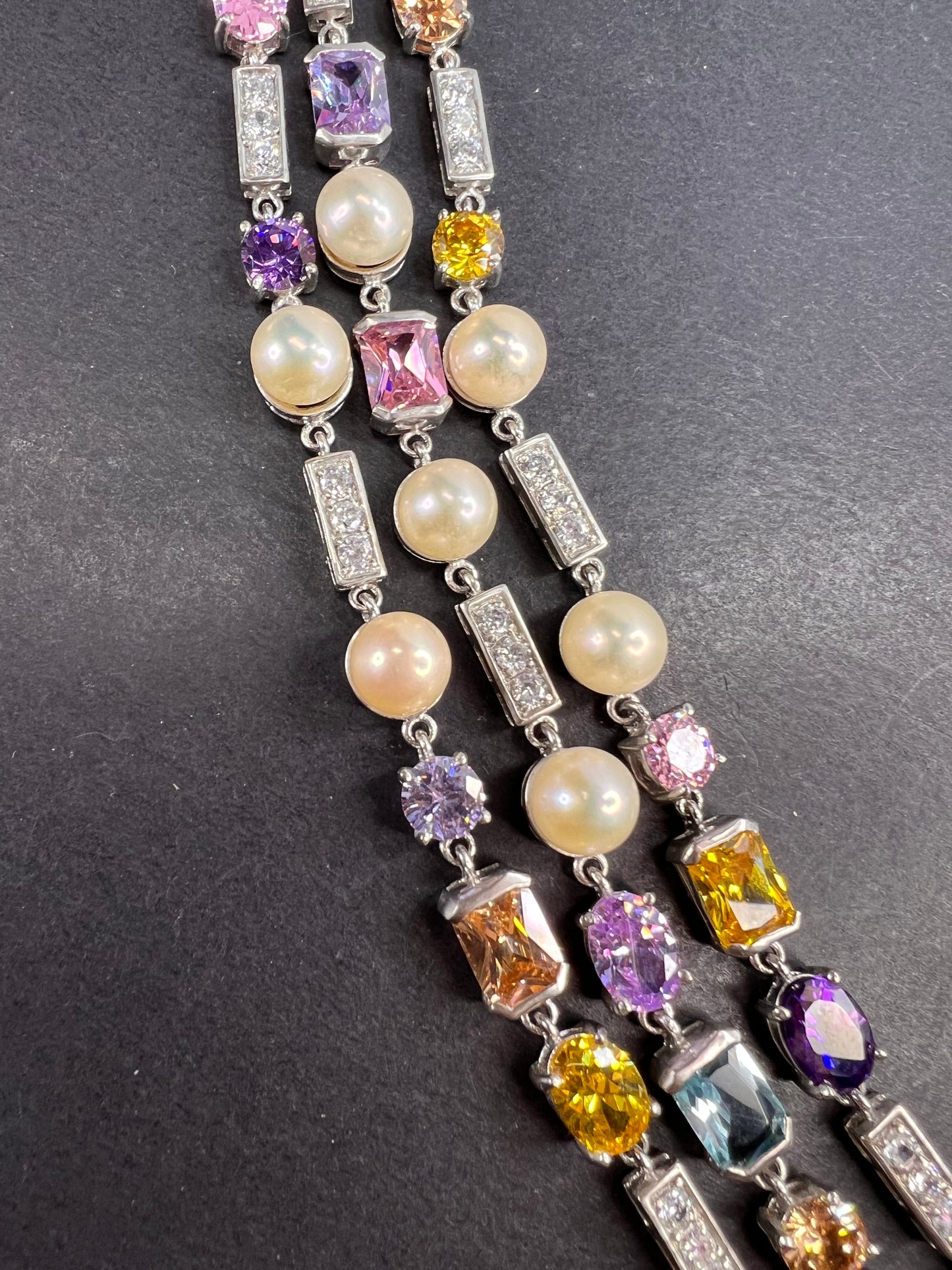 Multi color CZ and cultured pearl sterling silver toggle bracelet