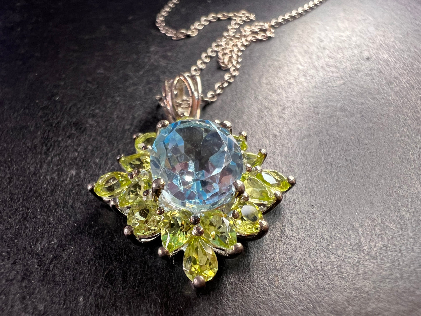Vintage Blue Topaz & Peridot Sunburst Pendant Necklace – HT Sterling Silver