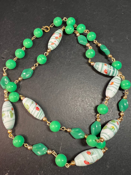Vintage 32" Italian Murano Art Glass Green Floral Beaded Necklace