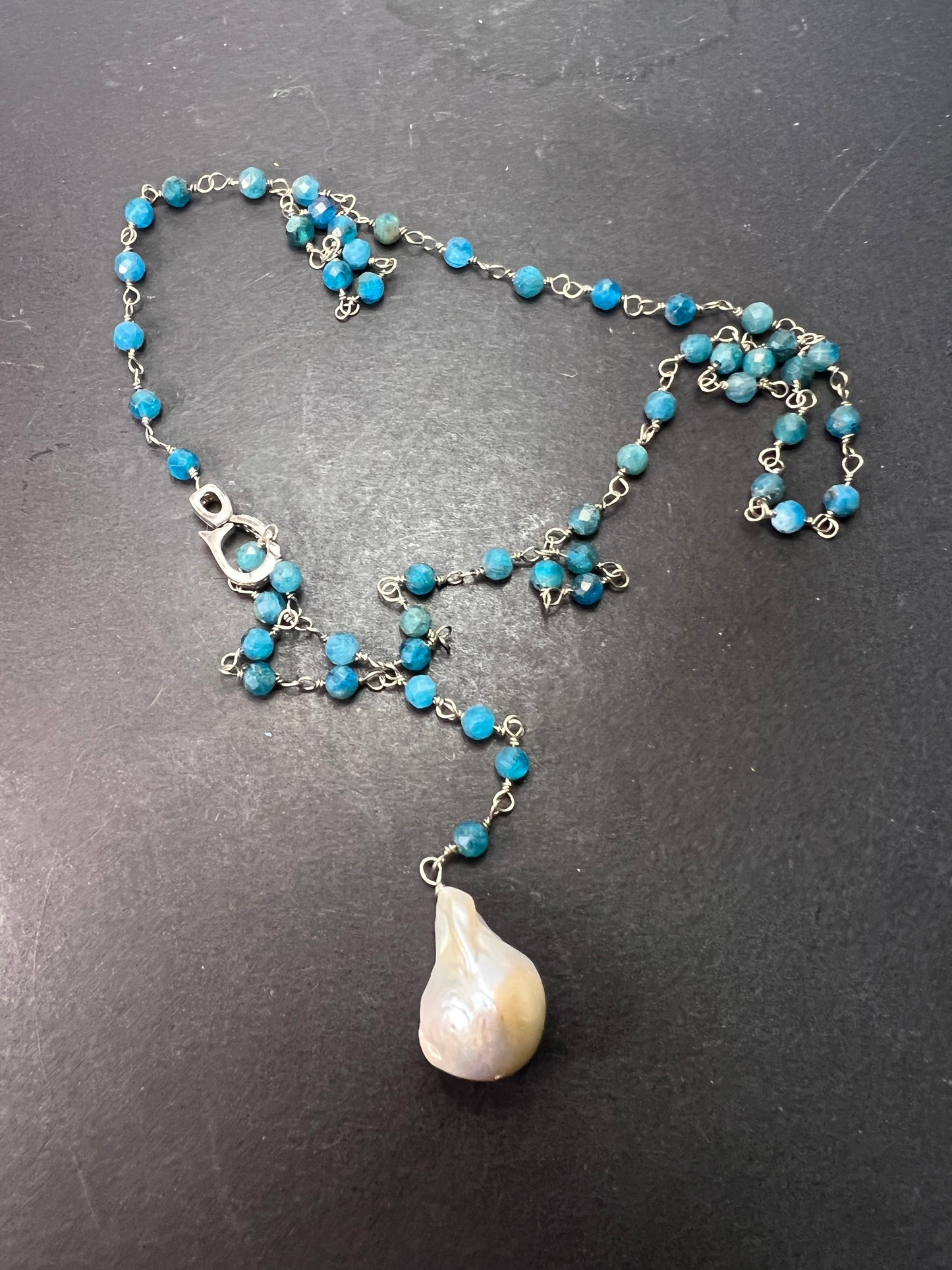 Blue apatite baroque pearl lariat sterling silver necklace