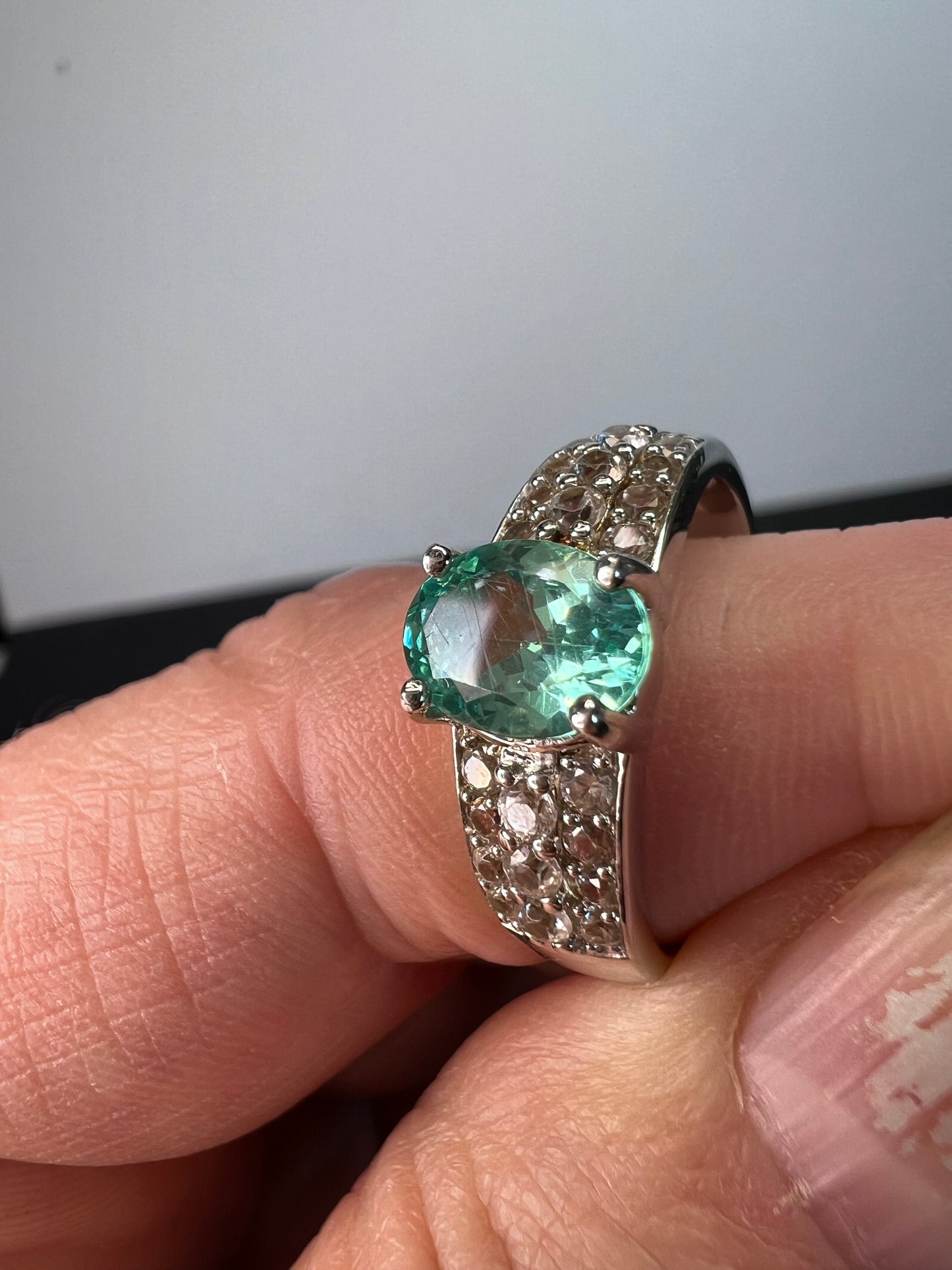 Paraiba apatite and white topaz ring size 9