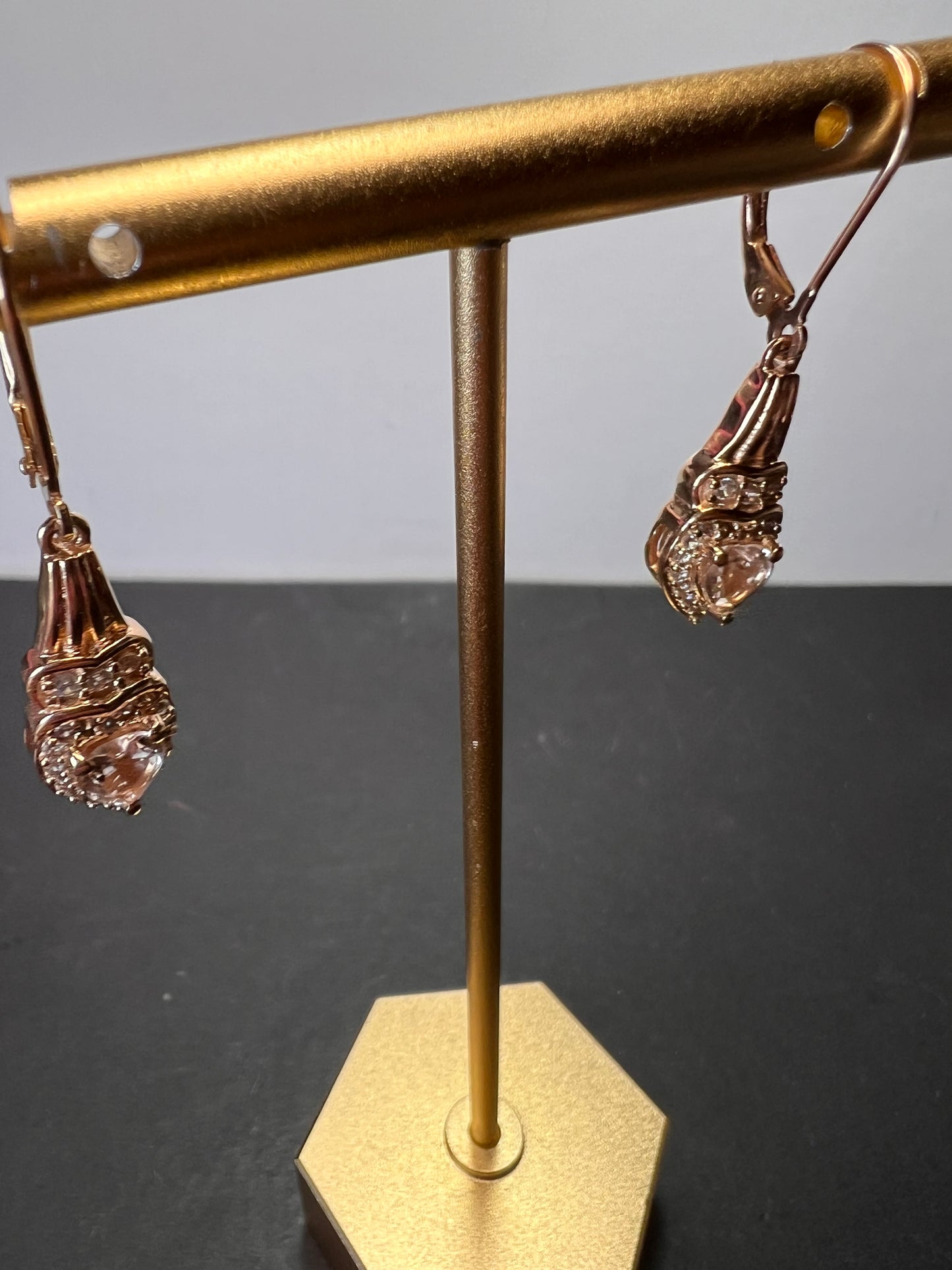 Marropino morganite and Cambodian zircon rose gold over sterling lever back heart drop earrings