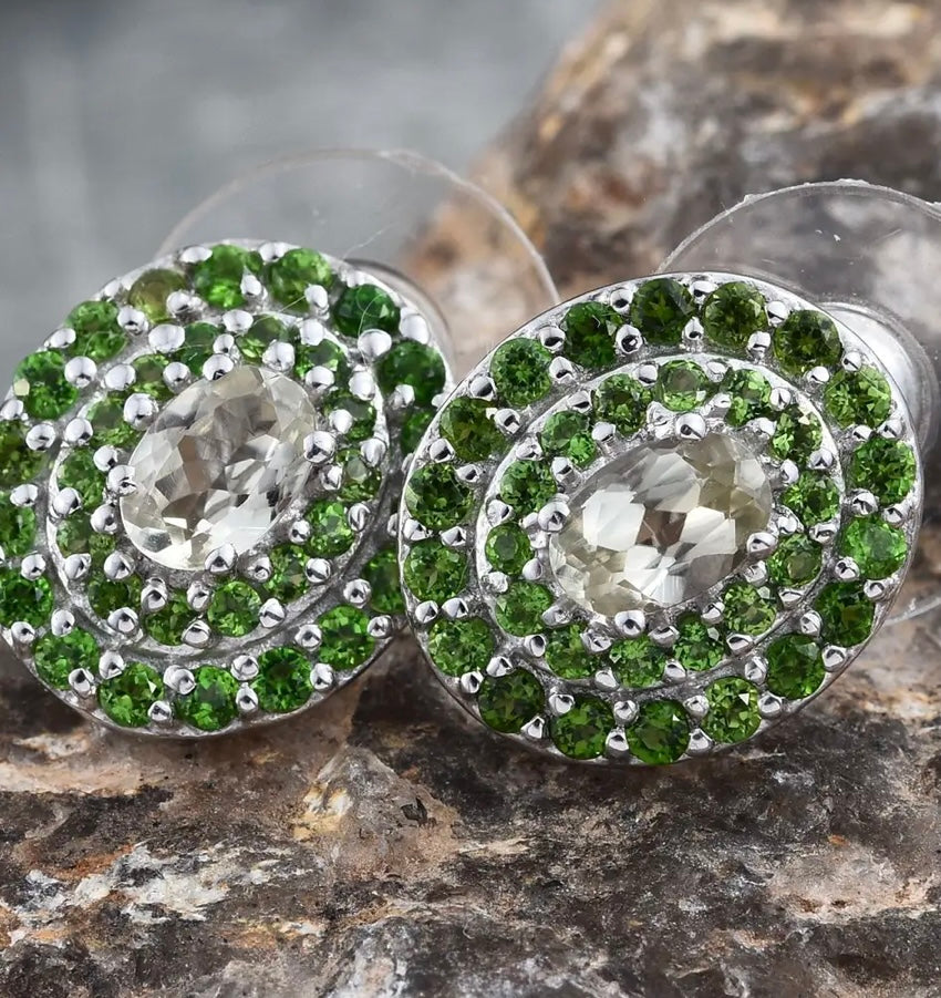 Turkizite, Chrome Diopside Platinum Over Sterling Silver halo Earrings 3.00 ctw