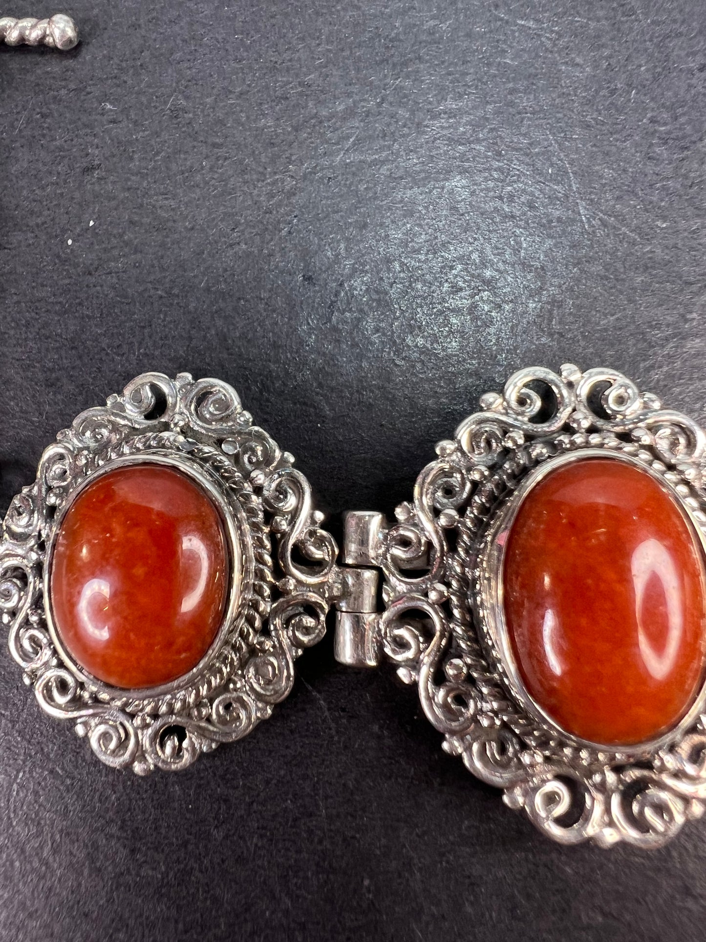 Red orange jade ornate sterling silver toggle bracelet