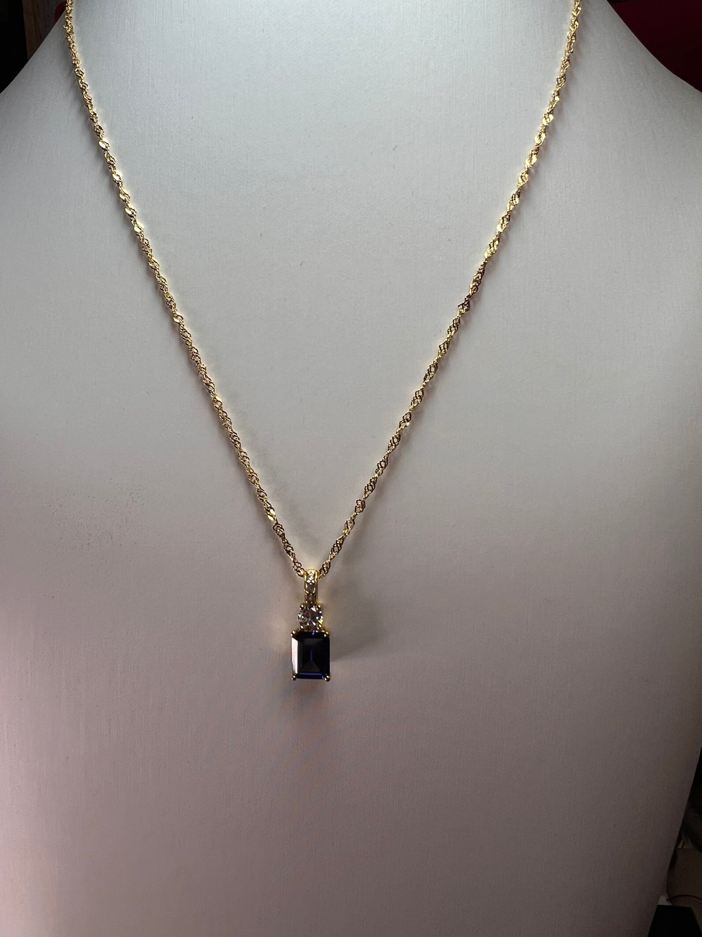 Blue emerald cut CZ pendant and chain necklace in gold over sterling silver 18 inches