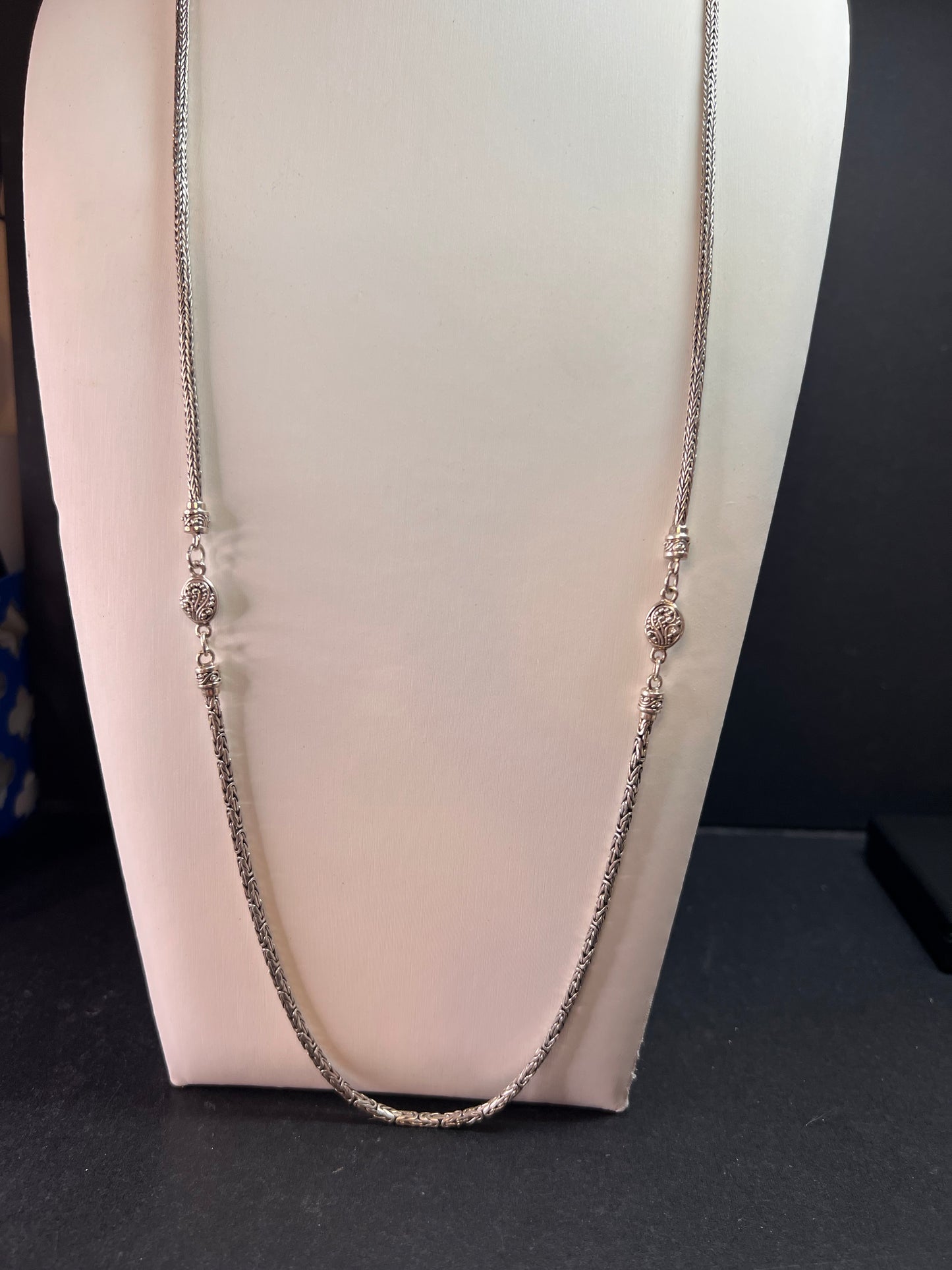 Sarda Sterling Silver 36” Balinese Foxtail Station Necklace – Handcrafted 925 Artisan Chain