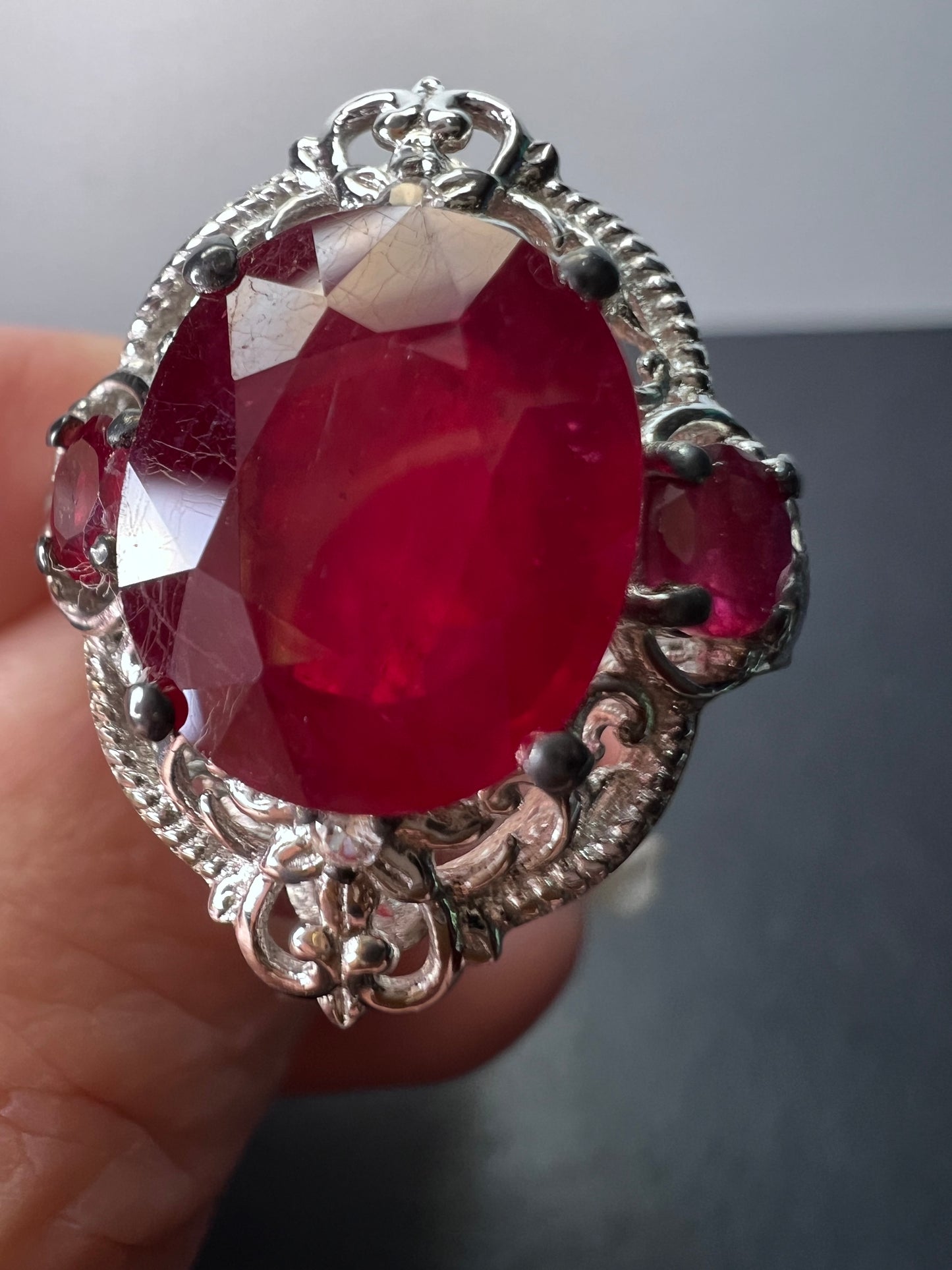 Ruby and white topaz sterling silver cocktail ring size 9