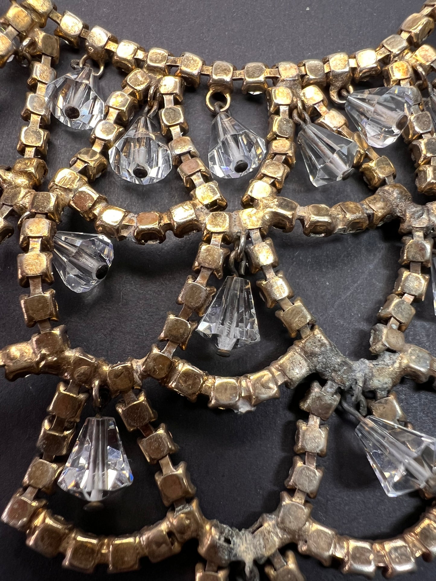 Vintage AB Rhinestone Bib Necklace Clear Glass Dangles Gold Tone