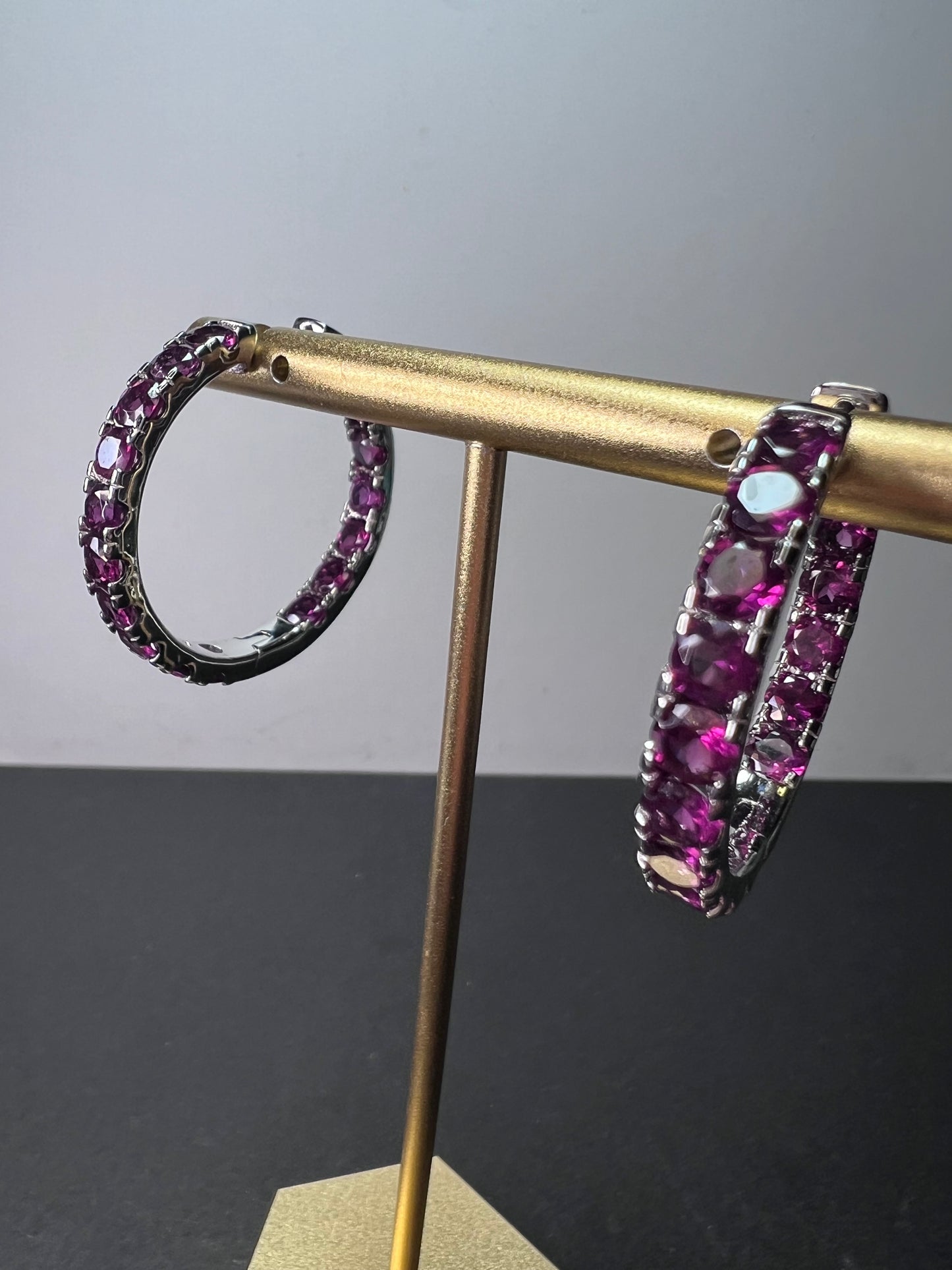 Grape rhodolite garnet hoop earrings in sterling silver