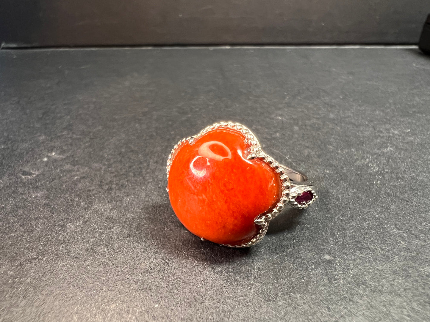 NEW cherry red jade and ruby blossom ring in rhodium over sterling silver size 9