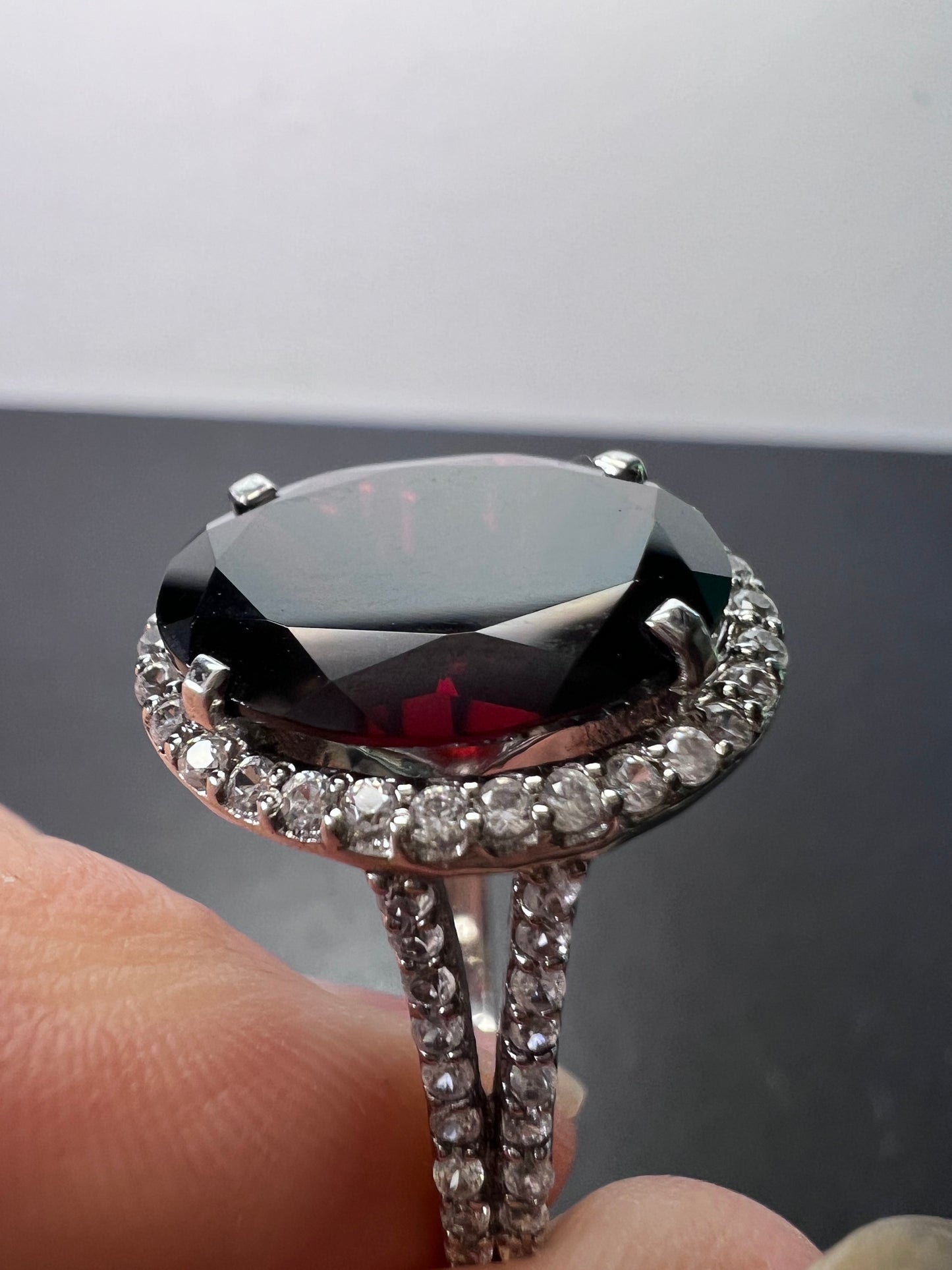 Garnet and zircon sterling silver halo ring size 9