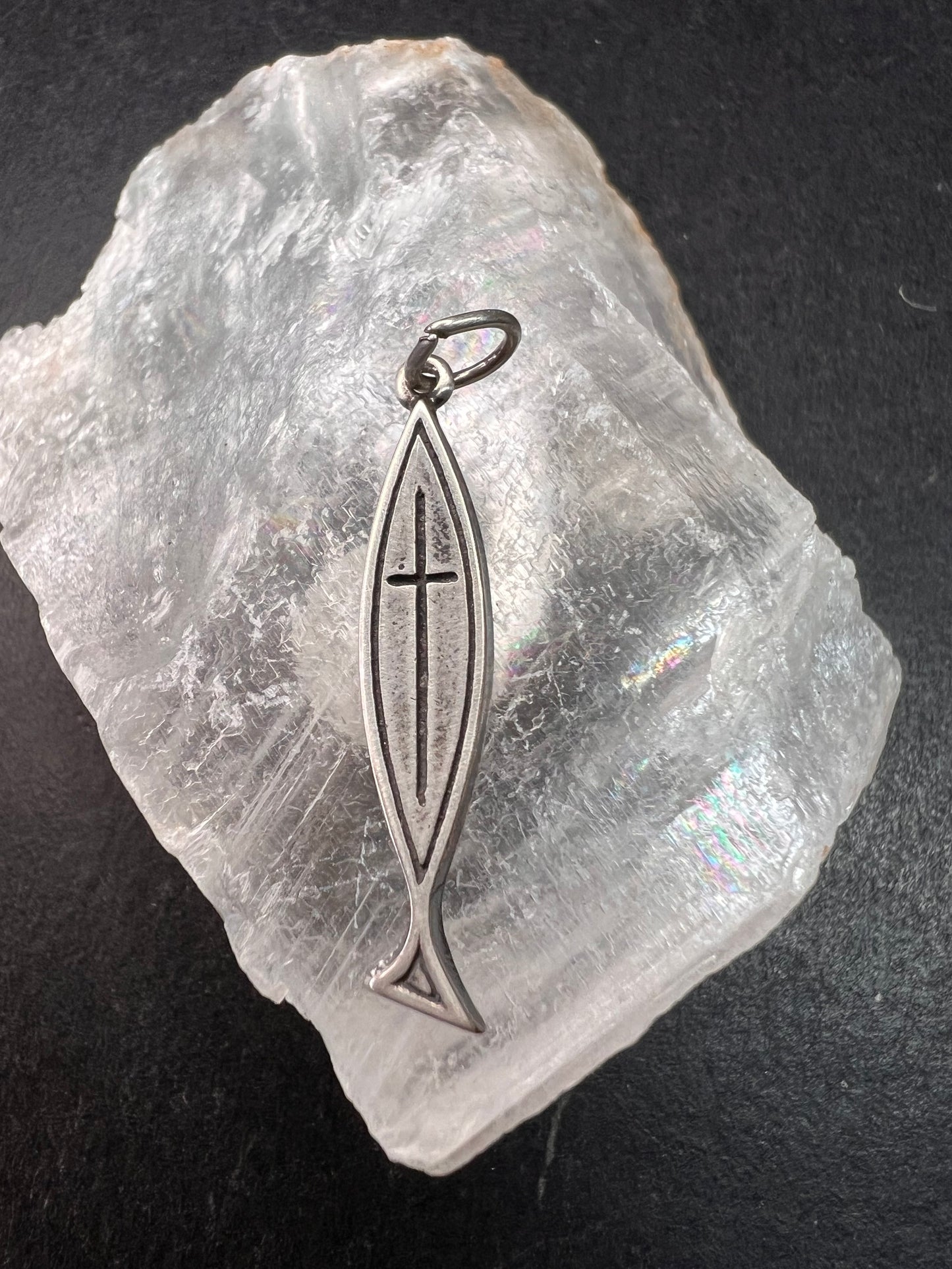 Vintage Dead Stock Sterling Silver Ichthys Cross Pendant, Signed Ster