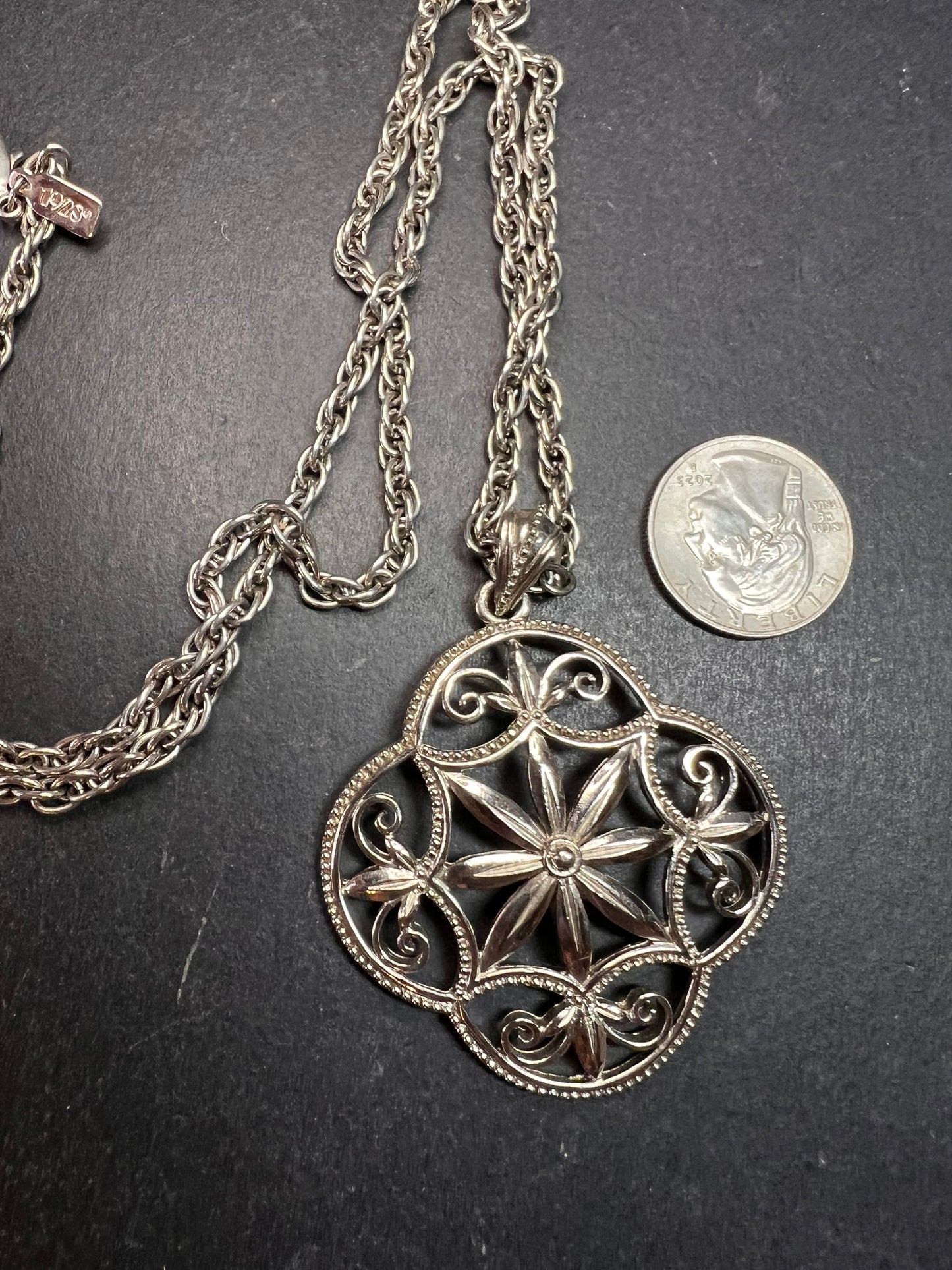 Vintage 1928 Silver Tone Filigree Medallion Rope Chain Necklace 28”