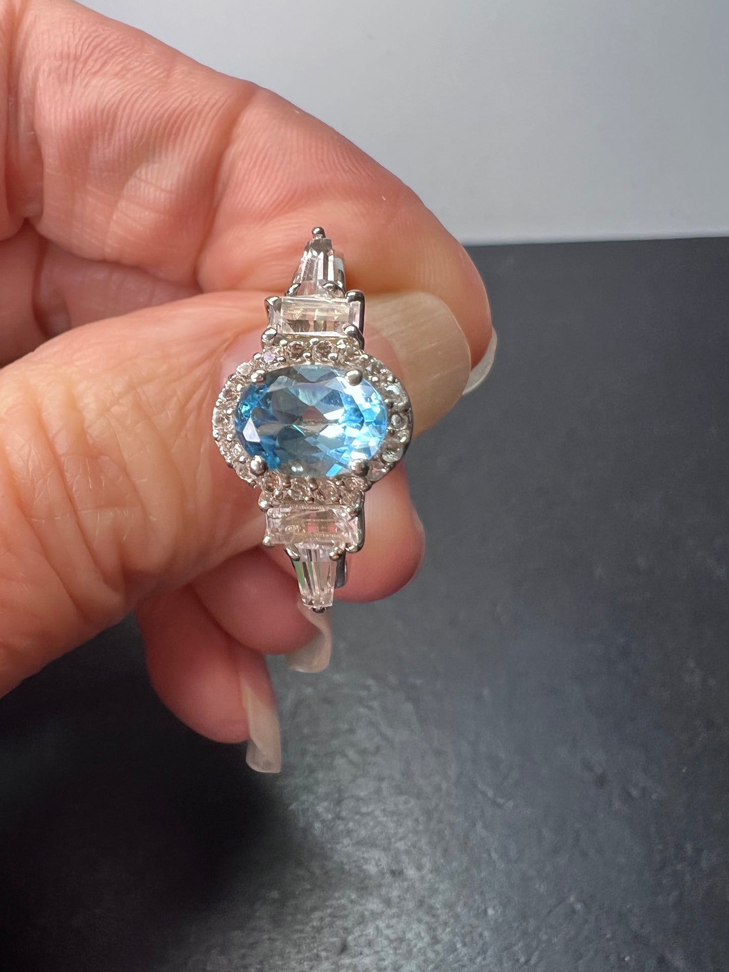 Blue and white topaz sterling silver halo ring size 9