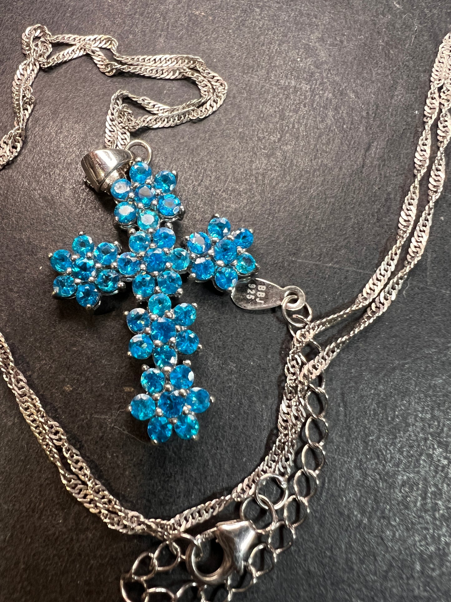 Neon Blue Apatite Rhodium Over Sterling Silver Cross Pendant With Chain 3.25ctw