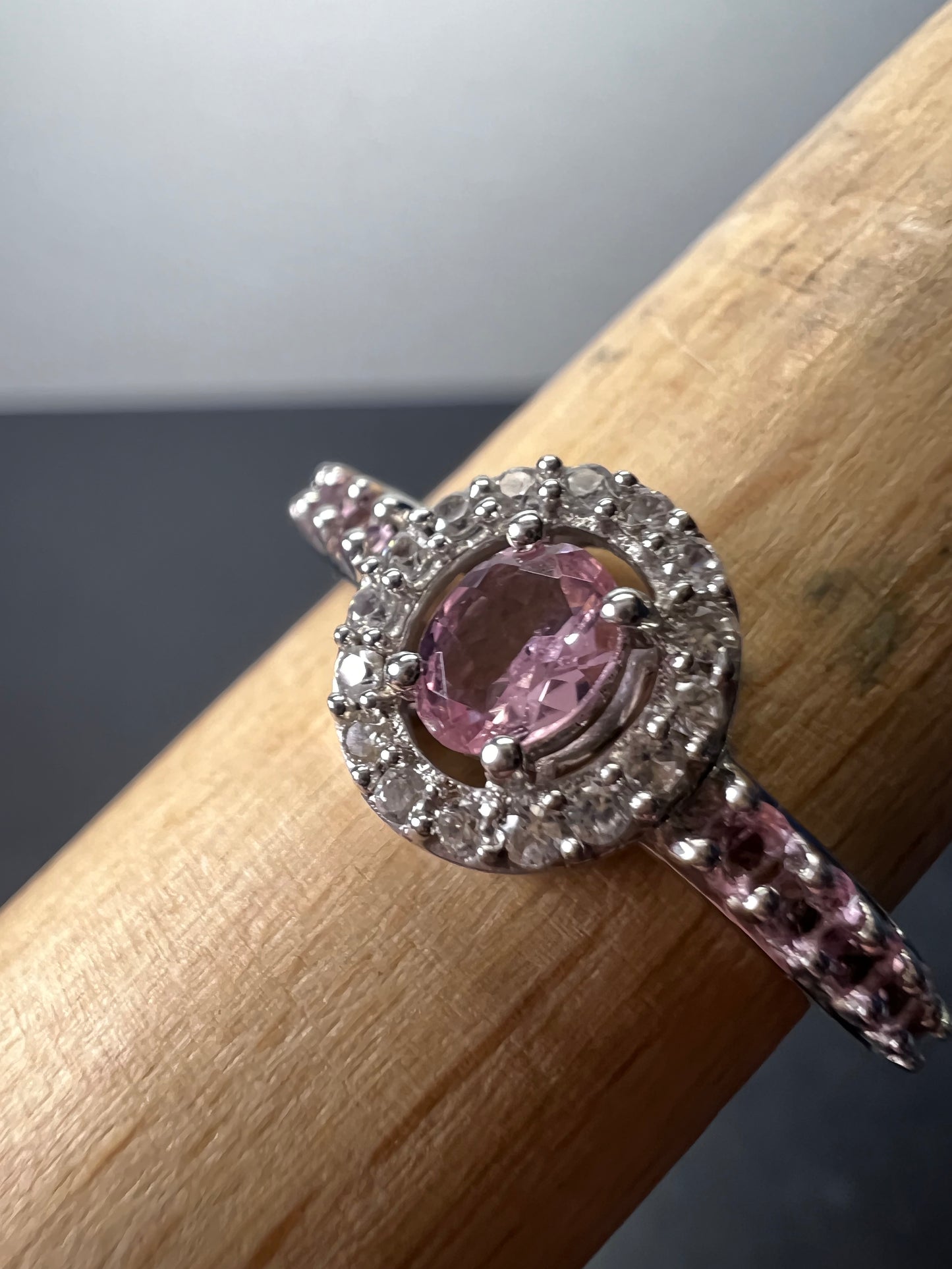 Pink tourmaline and white zircon sterling silver halo ring size 9