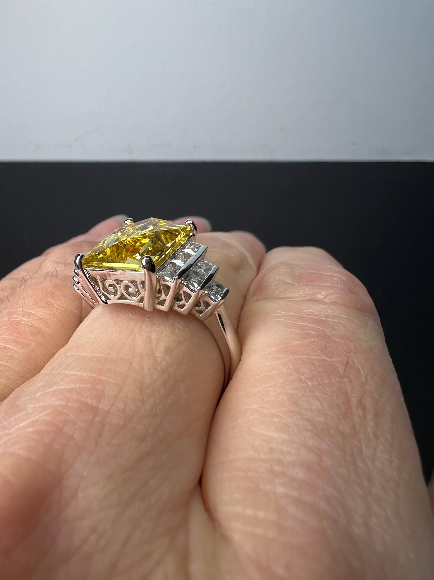 Yellow and white cz sterling silver cocktail ring size 9