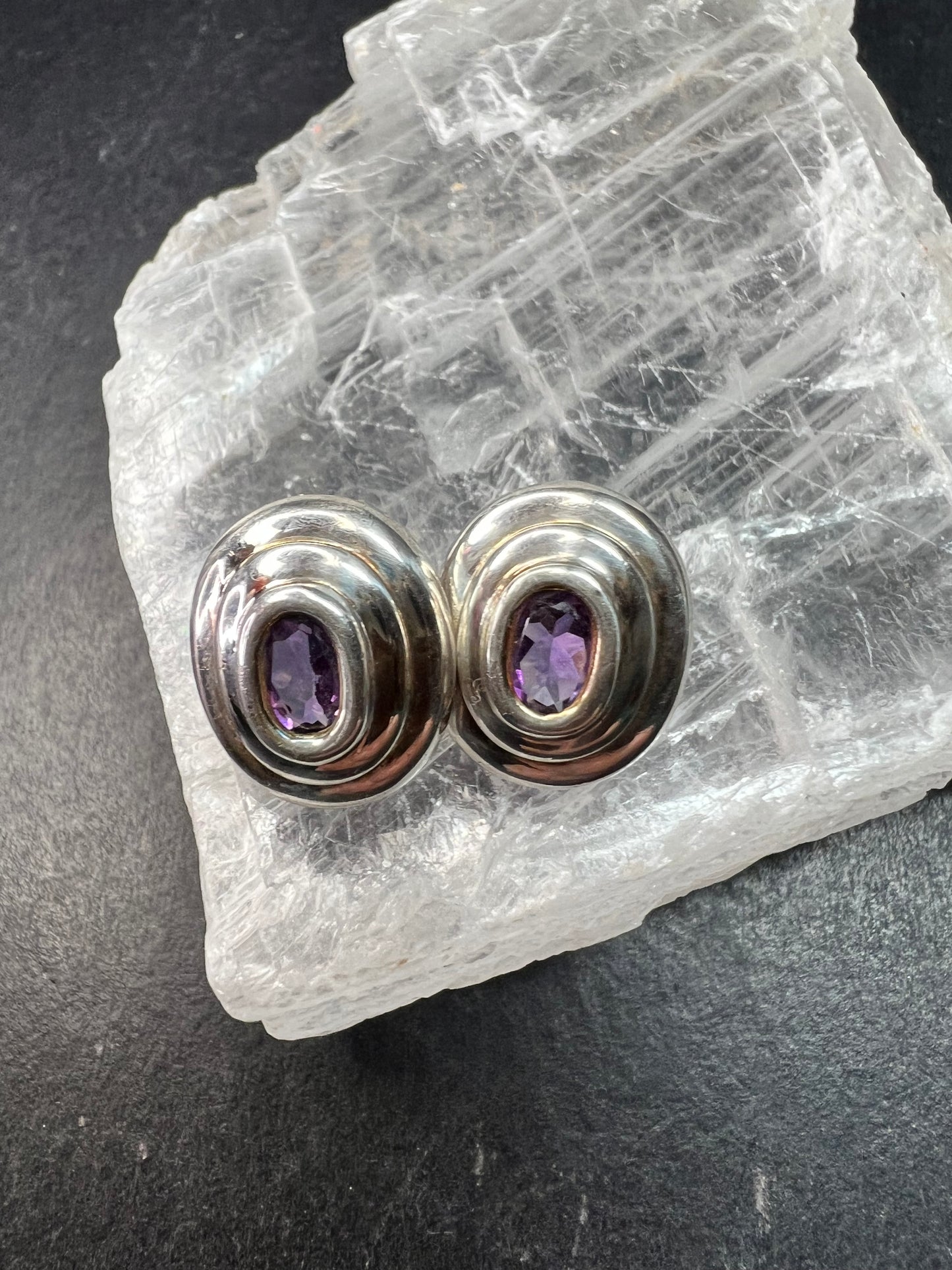 Vintage Sterling Silver Amethyst Modernist Stud Earrings