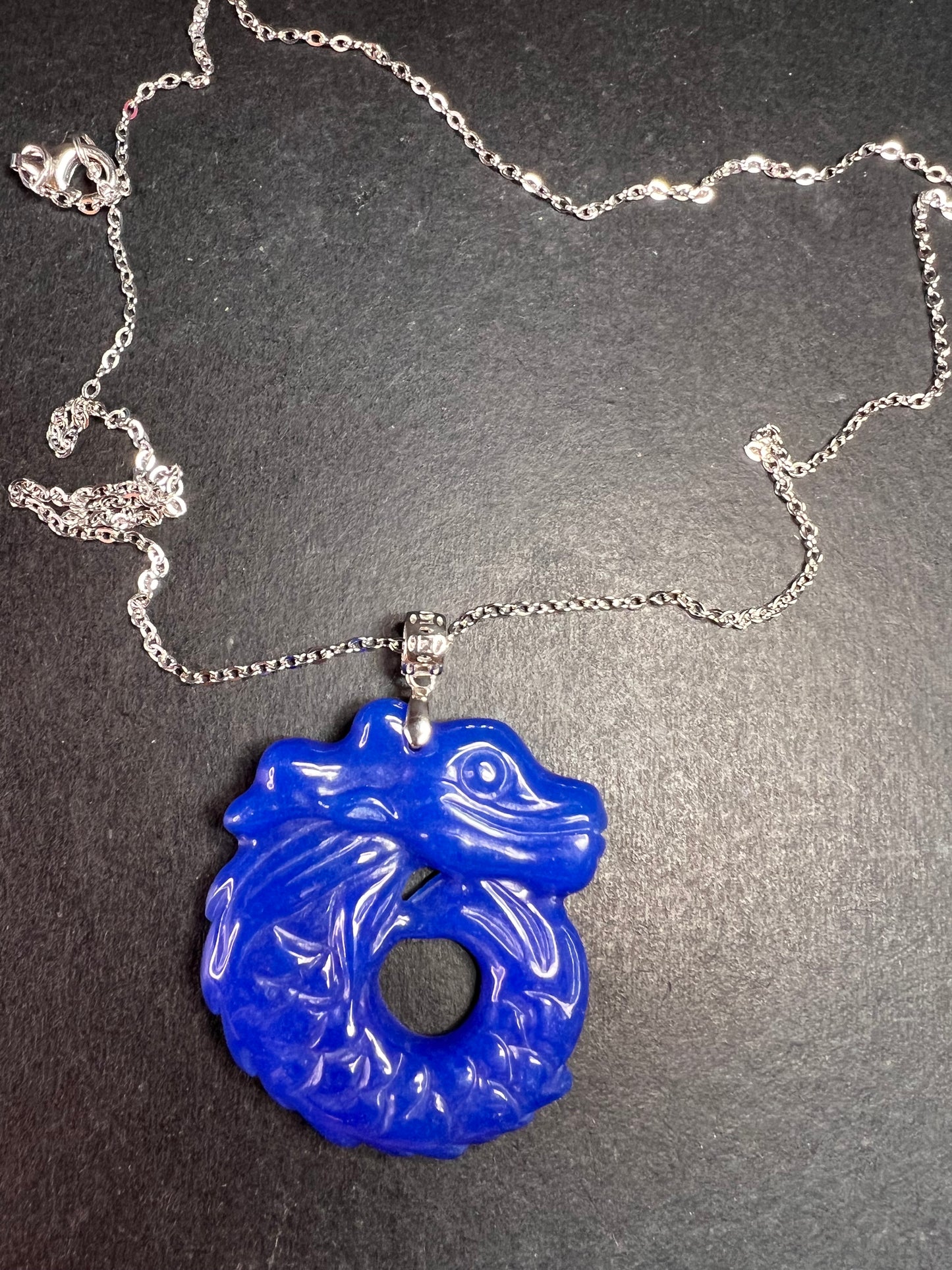 NEW Blue Jade dragon sterling silver pendant and chain
