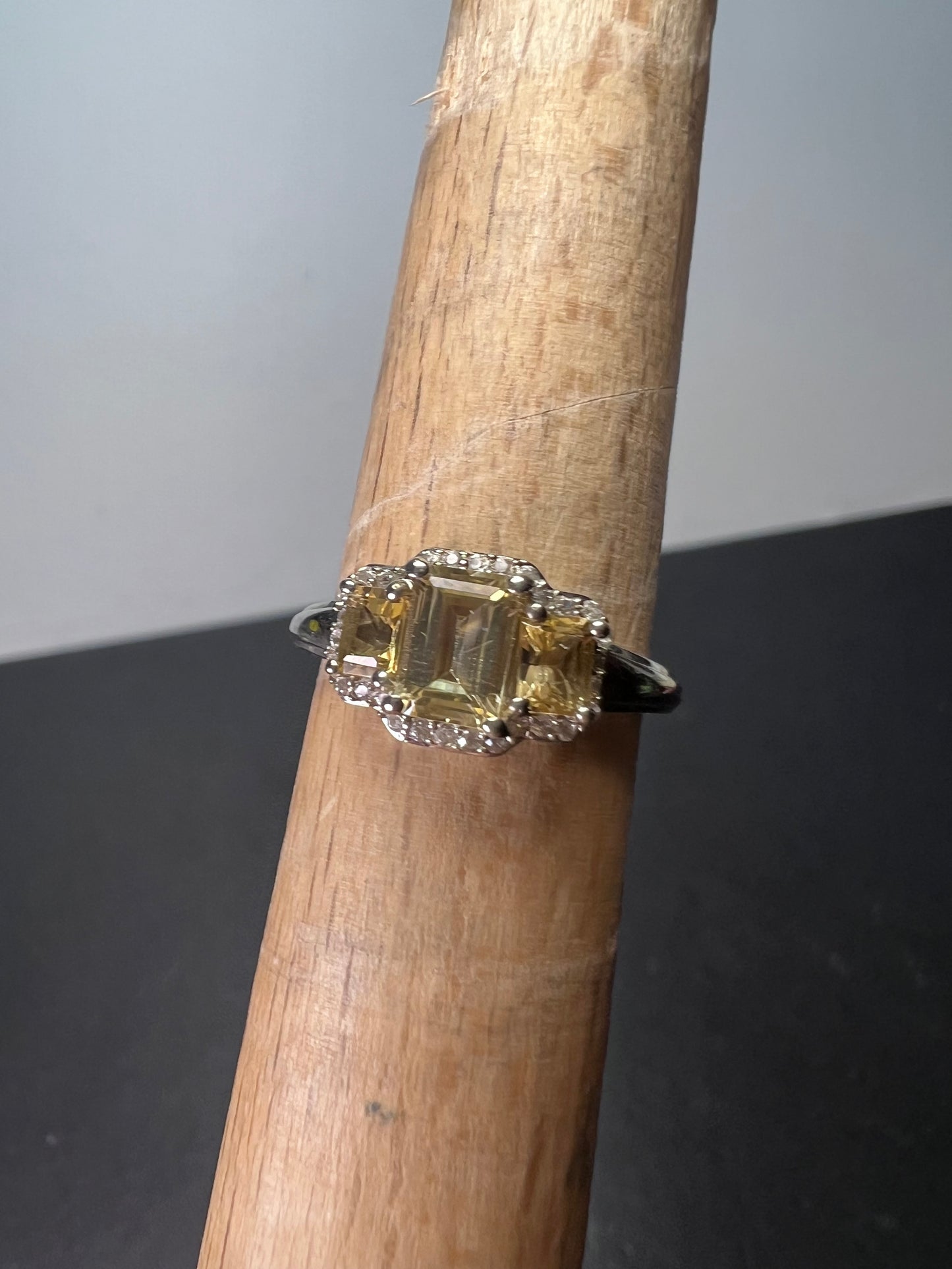 Citrine triple baguette halo ring in sterling silver size 7