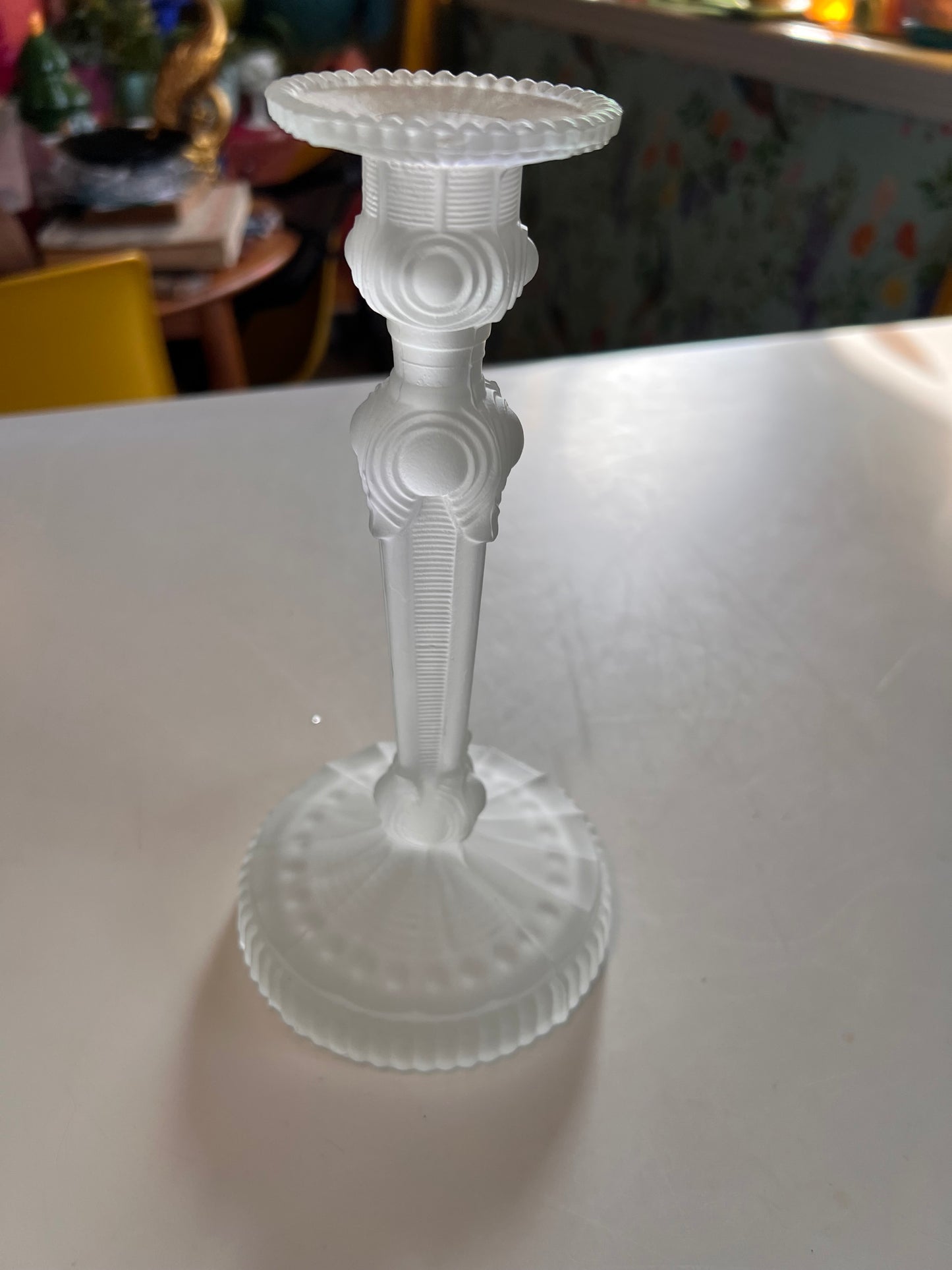 Vintage Frosted Glass Candlestick | Lalique Style Art Deco Taper Holder 6.75"