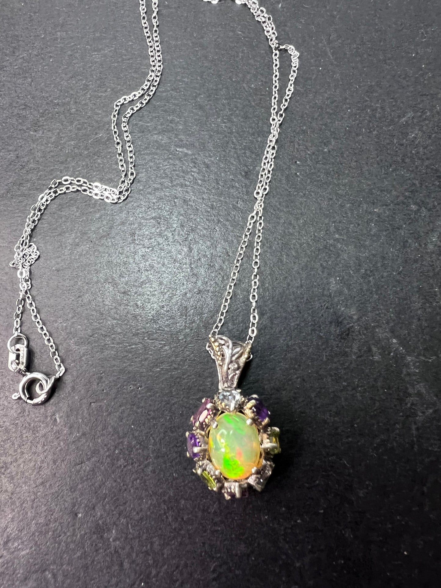 Ethiopian opal multi stone sterling silver halo pendant necklace