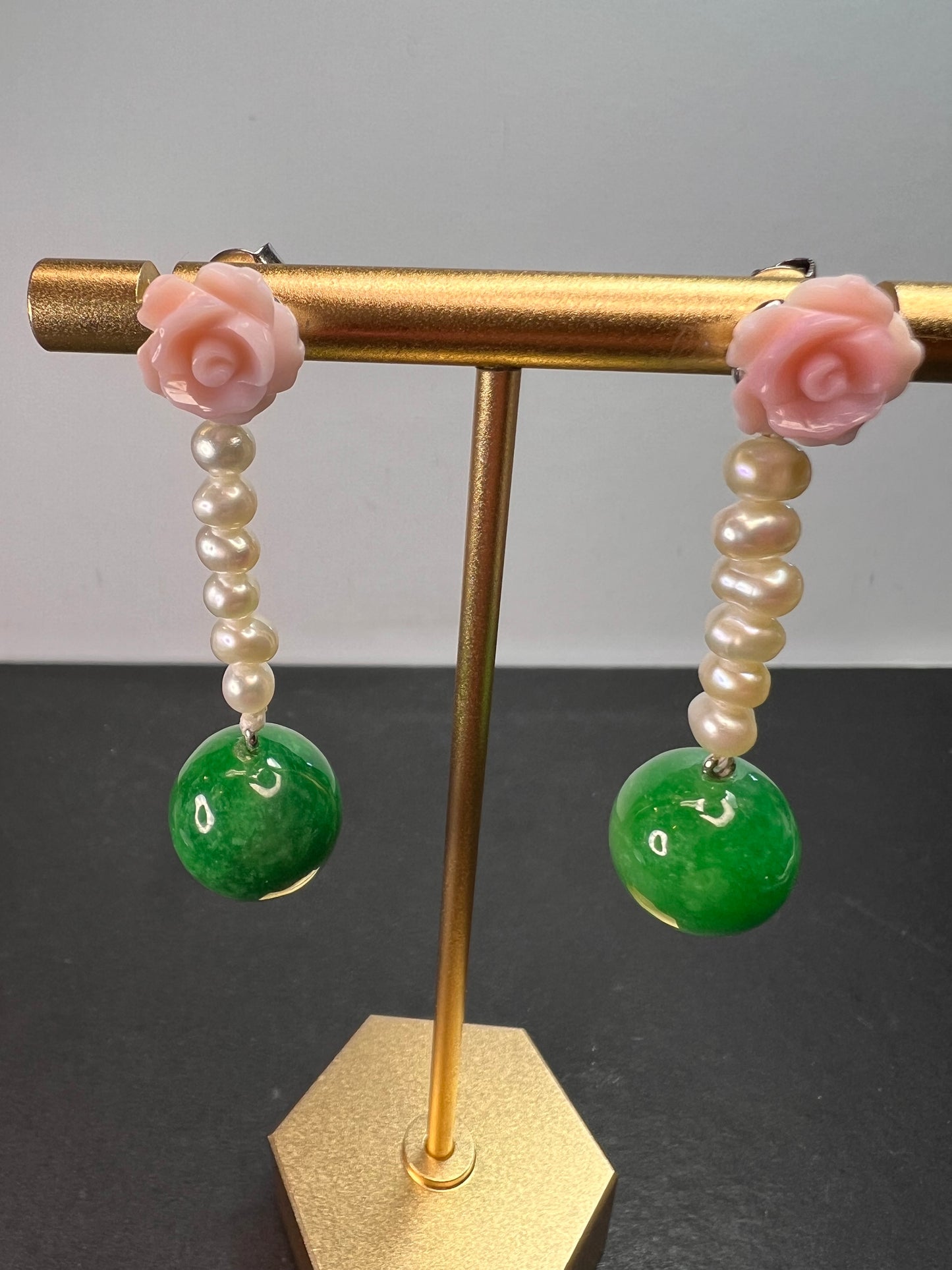 Green Jade , pink flowers and freshwater pearl earrings in rhodium over sterling silver