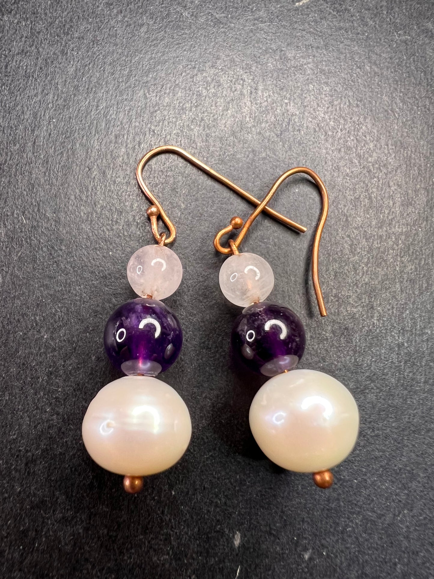 Pearl, amethyst and rose quartz dangle earrings in copper