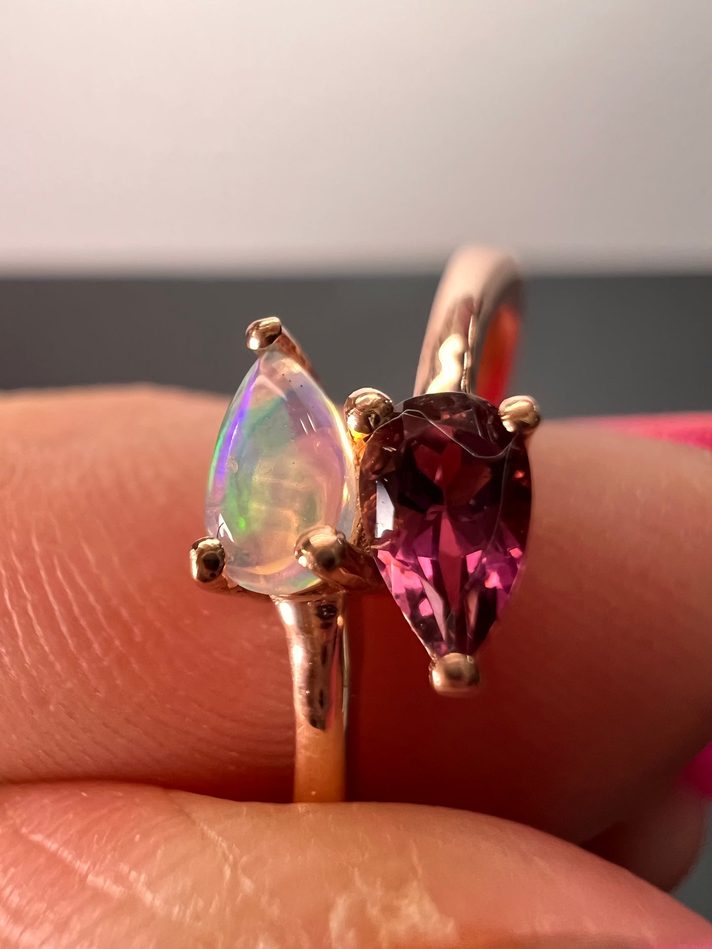 Rubellite and Ethiopian welo opal bypass ring in rose gold vermeil over sterling silver size 7. .35ctw