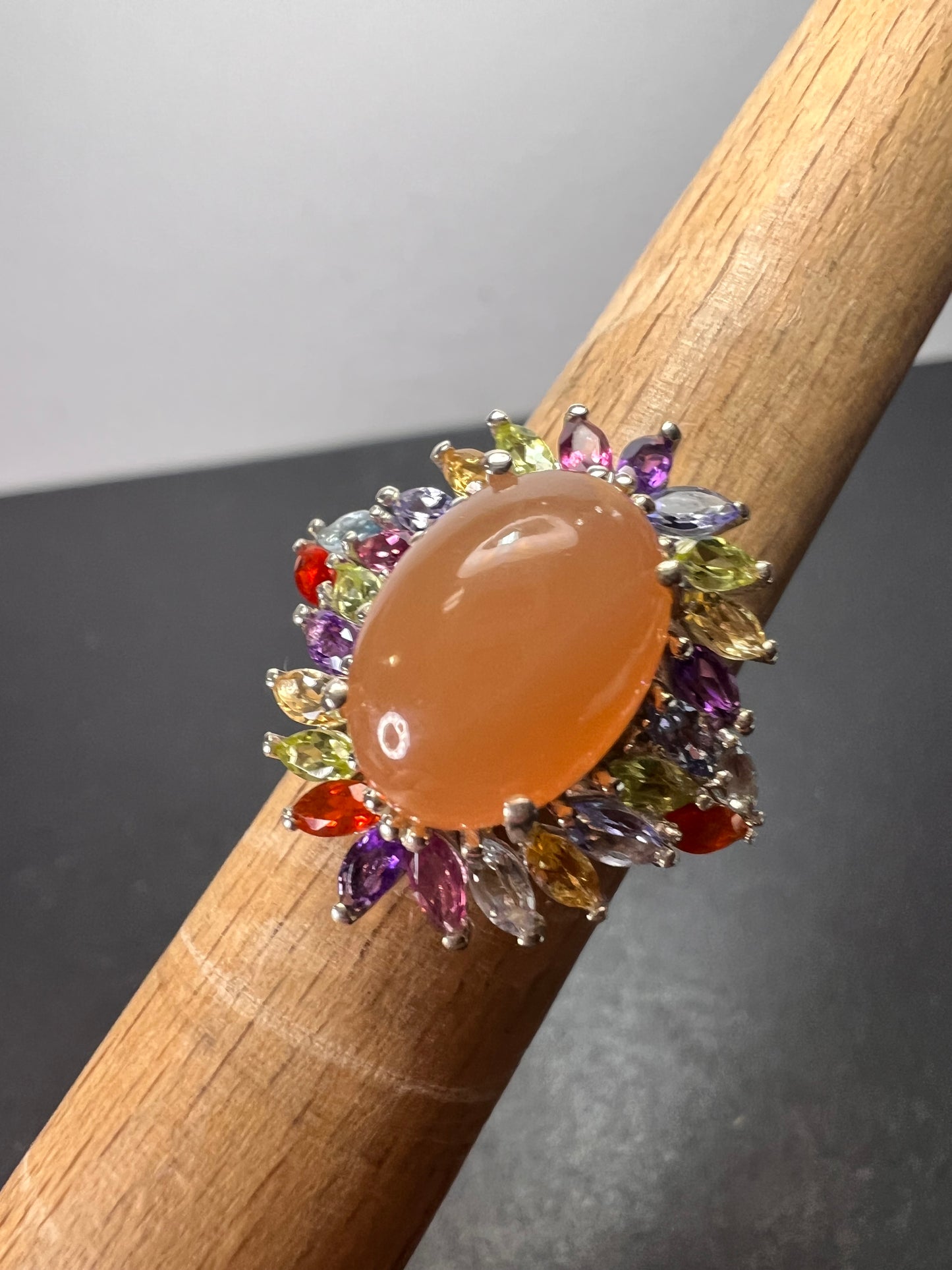 Peach moonstone multi gemstone ring in platinum over sterling silver size 6 *NEW*