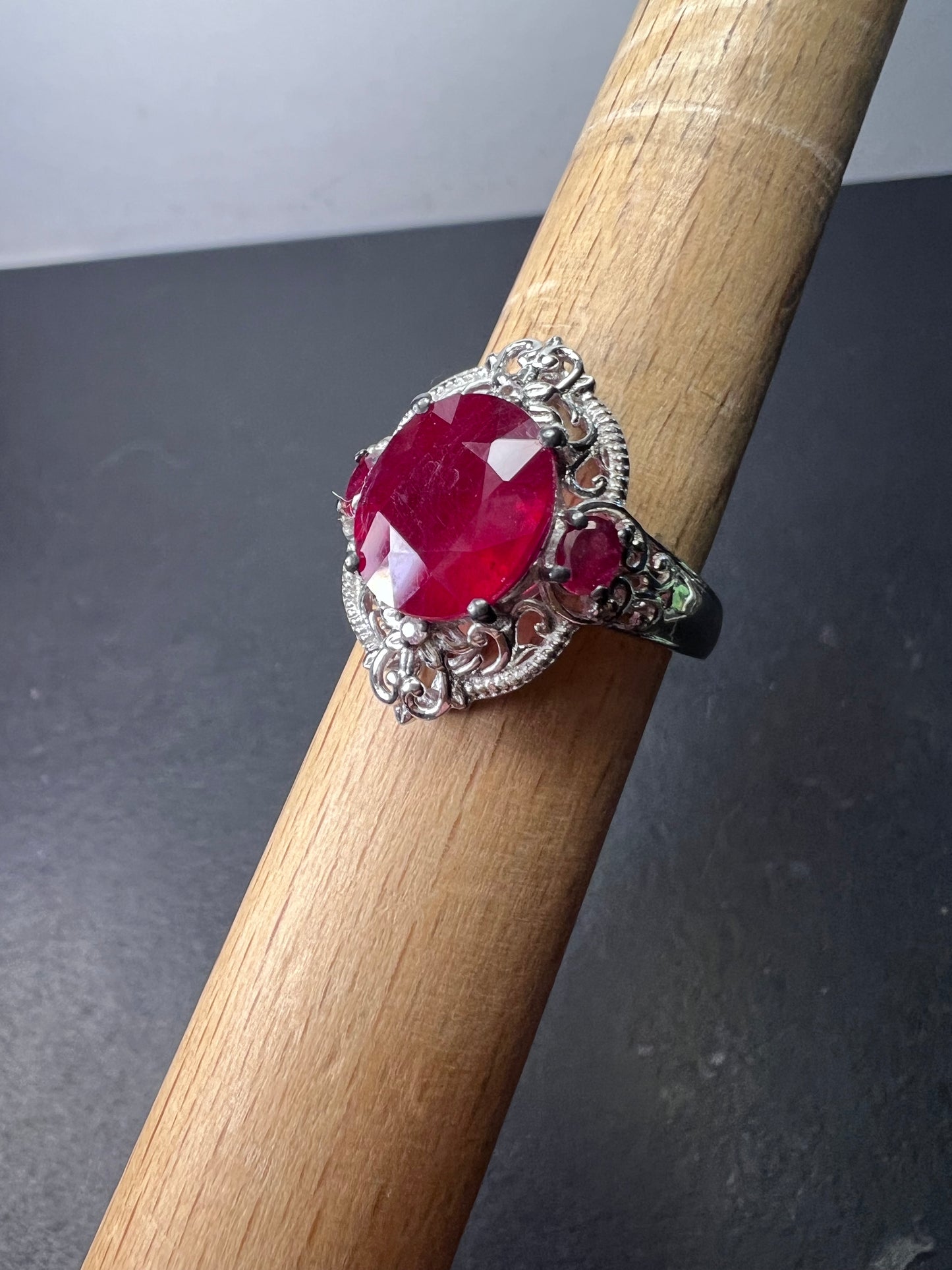 Ruby and white topaz sterling silver cocktail ring size 9