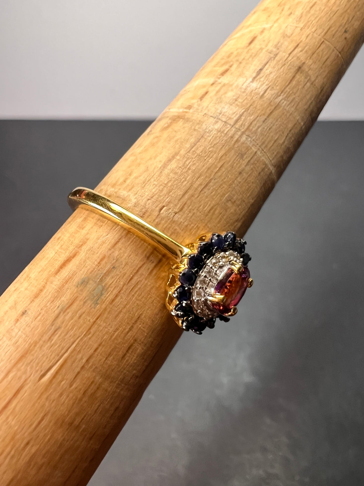 Ofiki rubellite and blue sapphire double halo ring in vermeil yellow gold over sterling silver size 8