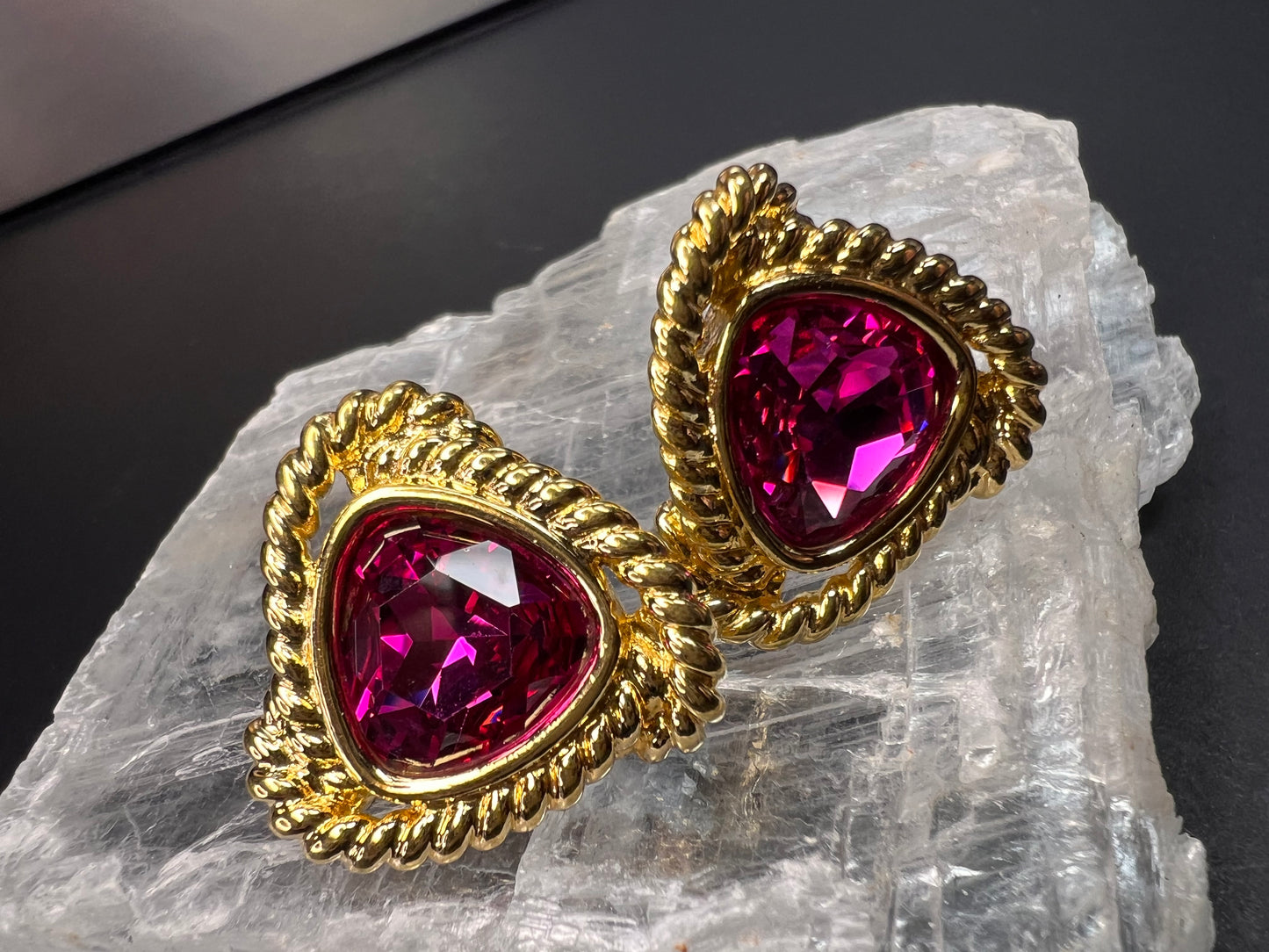 Vintage Swarovski Magenta Crystal Gold Tone Rope Post Earrings