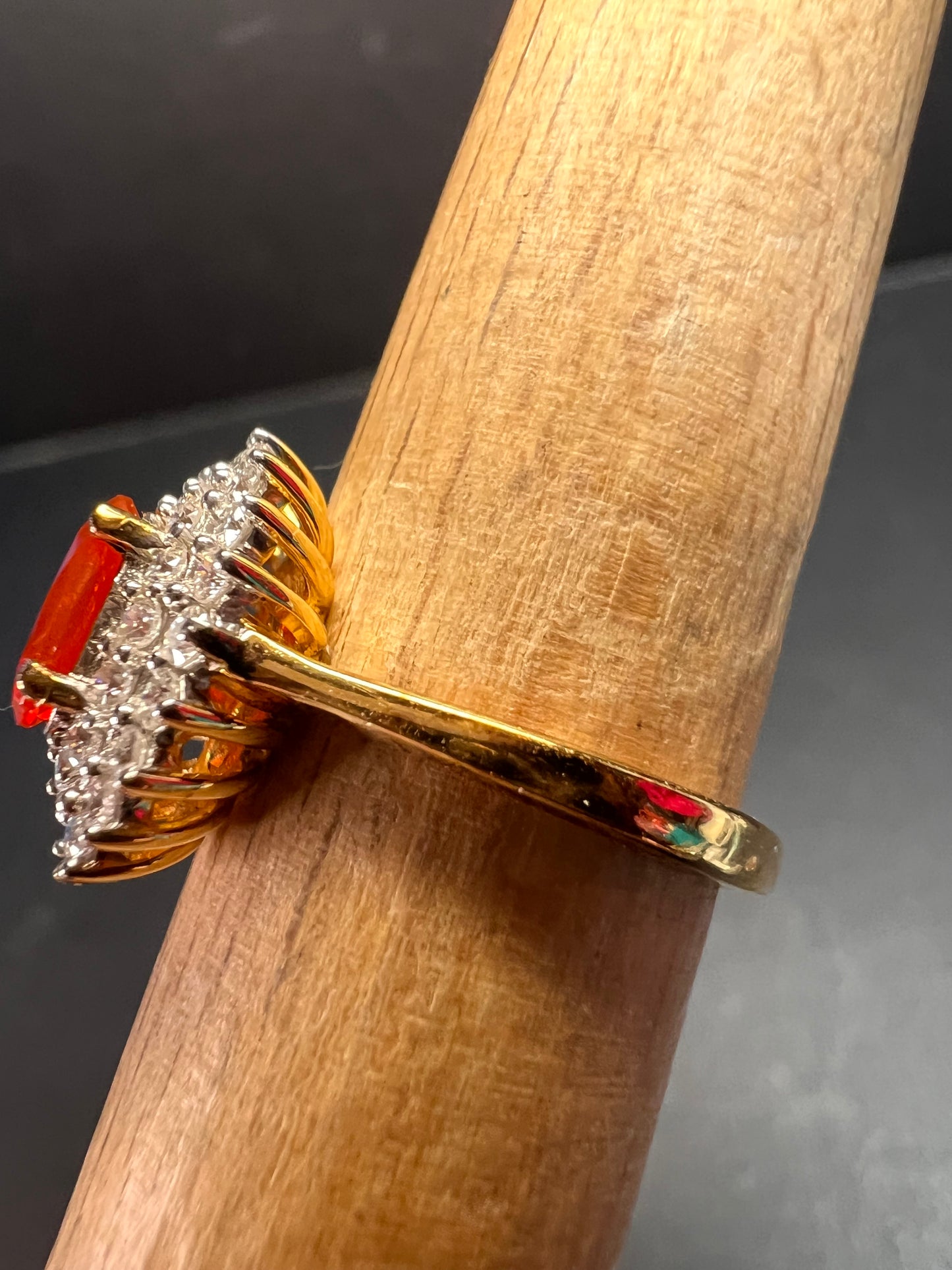 NEW Mexican Cherry fire opal and moissanite double halo ring in vermeil yellow gold over sterling silver size 5